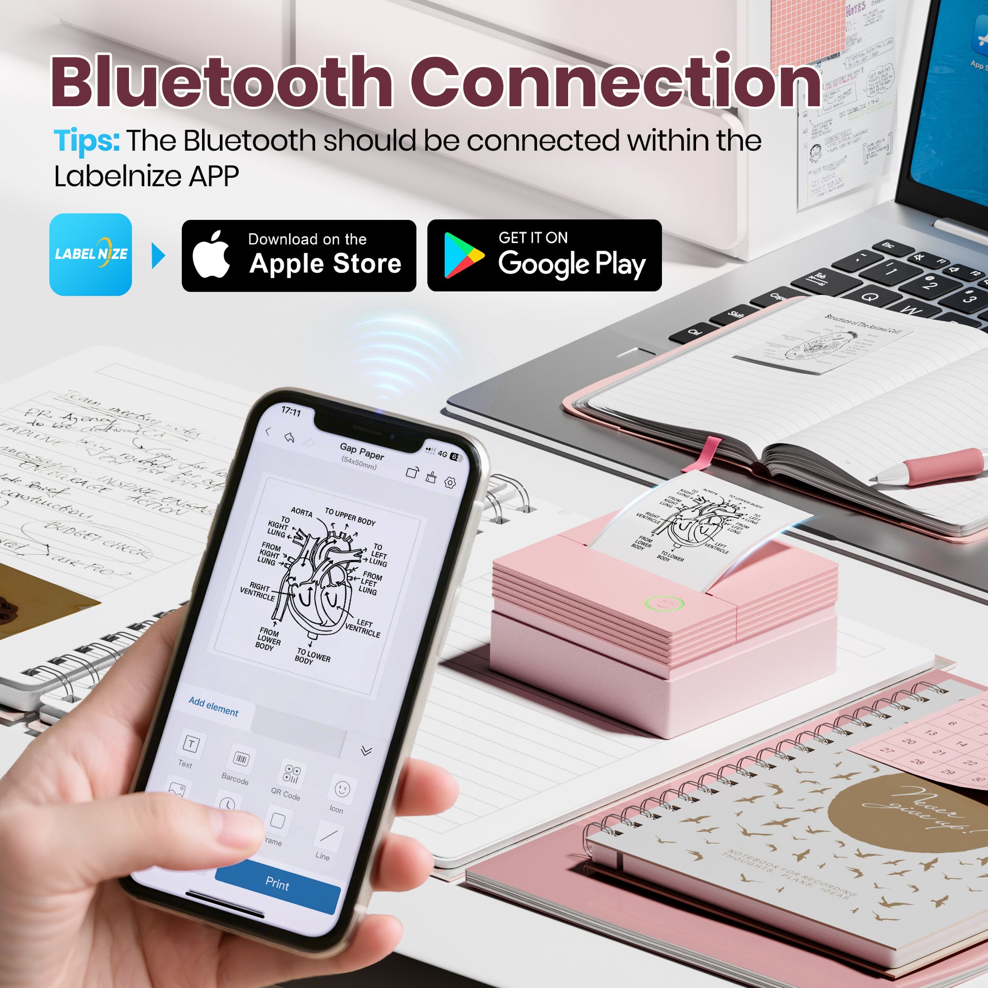 ETIKEZ PM290C Portable Mini Sticker Printer Print Pods Machine, Wireless Bluetooth Sticker Maker with 3 Rolls Paper,Pink