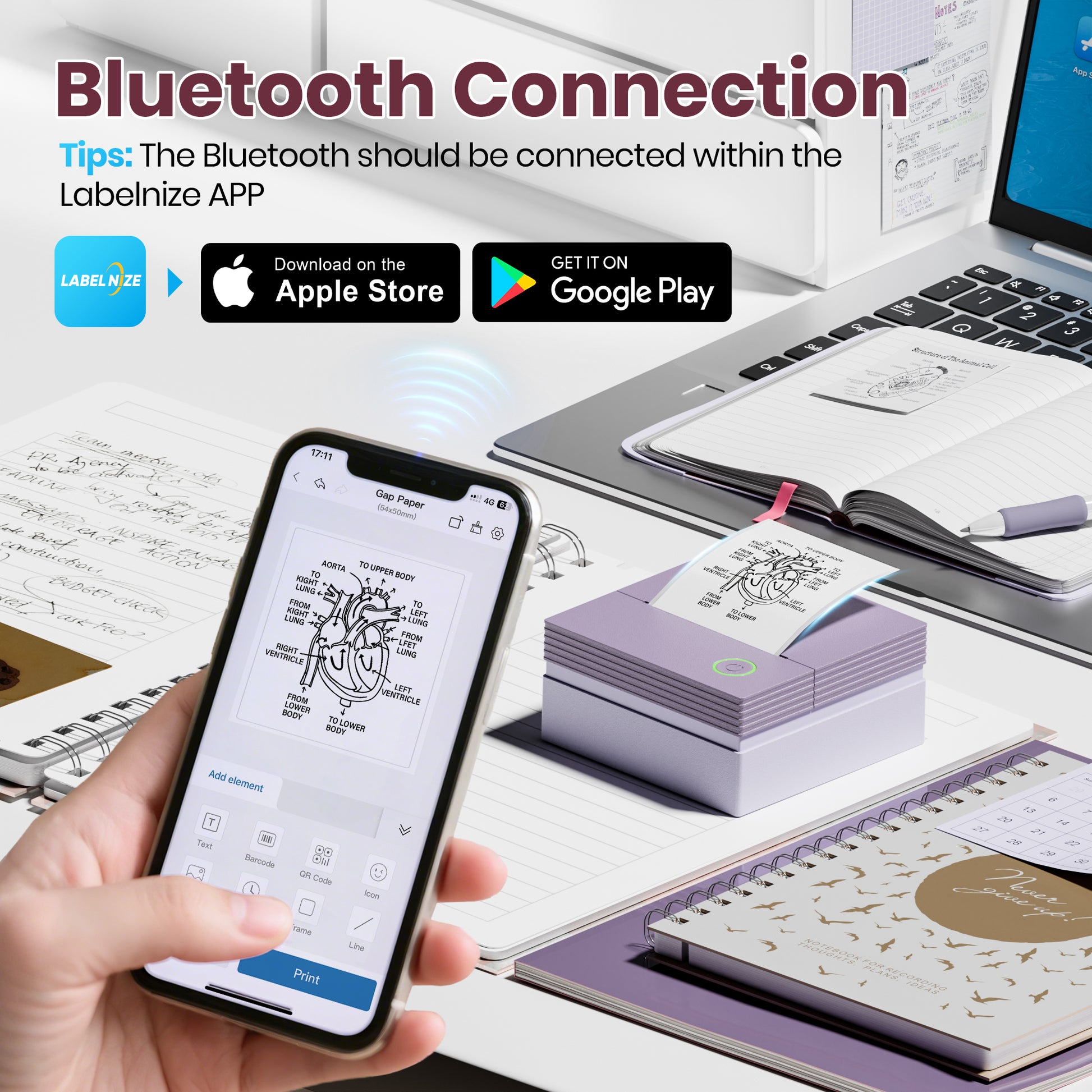 ETIKEZ PM290C Portable Mini Sticker Printer Print Pods Machine, Wireless Bluetooth Sticker Maker with 3 Rolls Paper,Purple