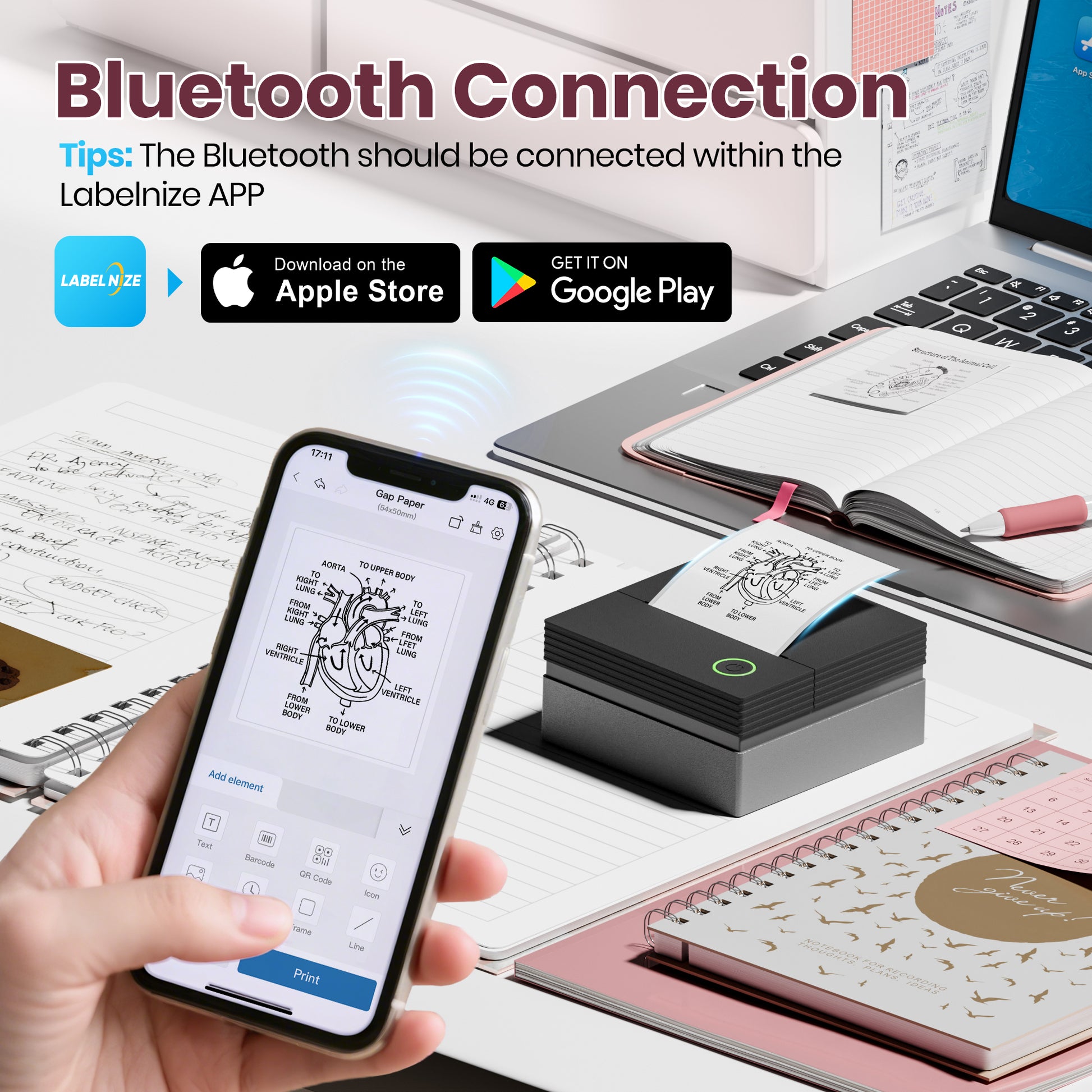 ETIKEZ PM290C Portable Mini Sticker Printer Print Pods Machine, Wireless Bluetooth Sticker Maker with 3 Rolls Paper,Black