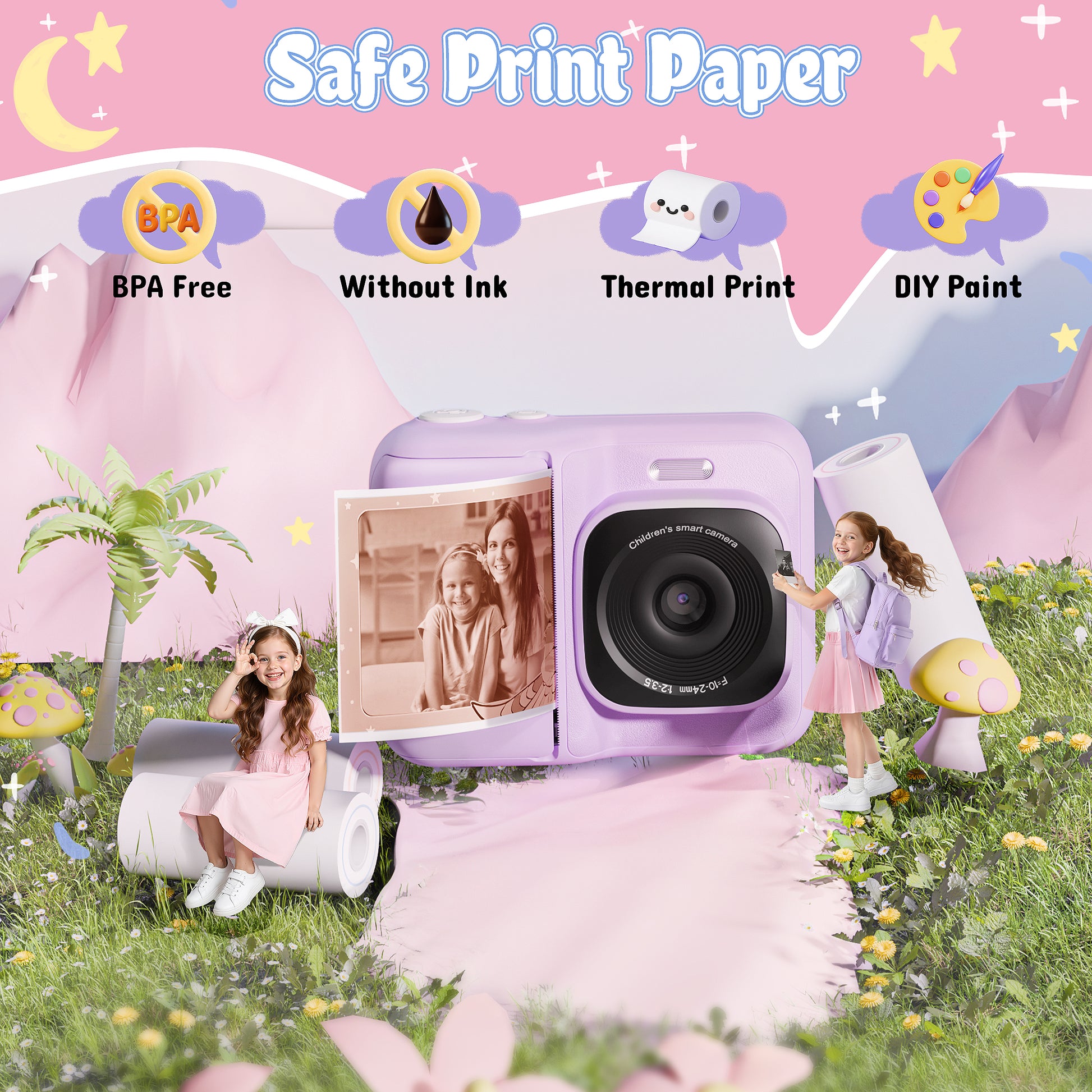 Kids Instant Print Camera Paper, Thermal Printing Refill Set for Toddler Camera, Compatible with ETIKEZ Funshot 20, Camera Thermal Printing Paper, 5.7cmx5m Per Roll, 3 Rolls, Blue/Orange/Red