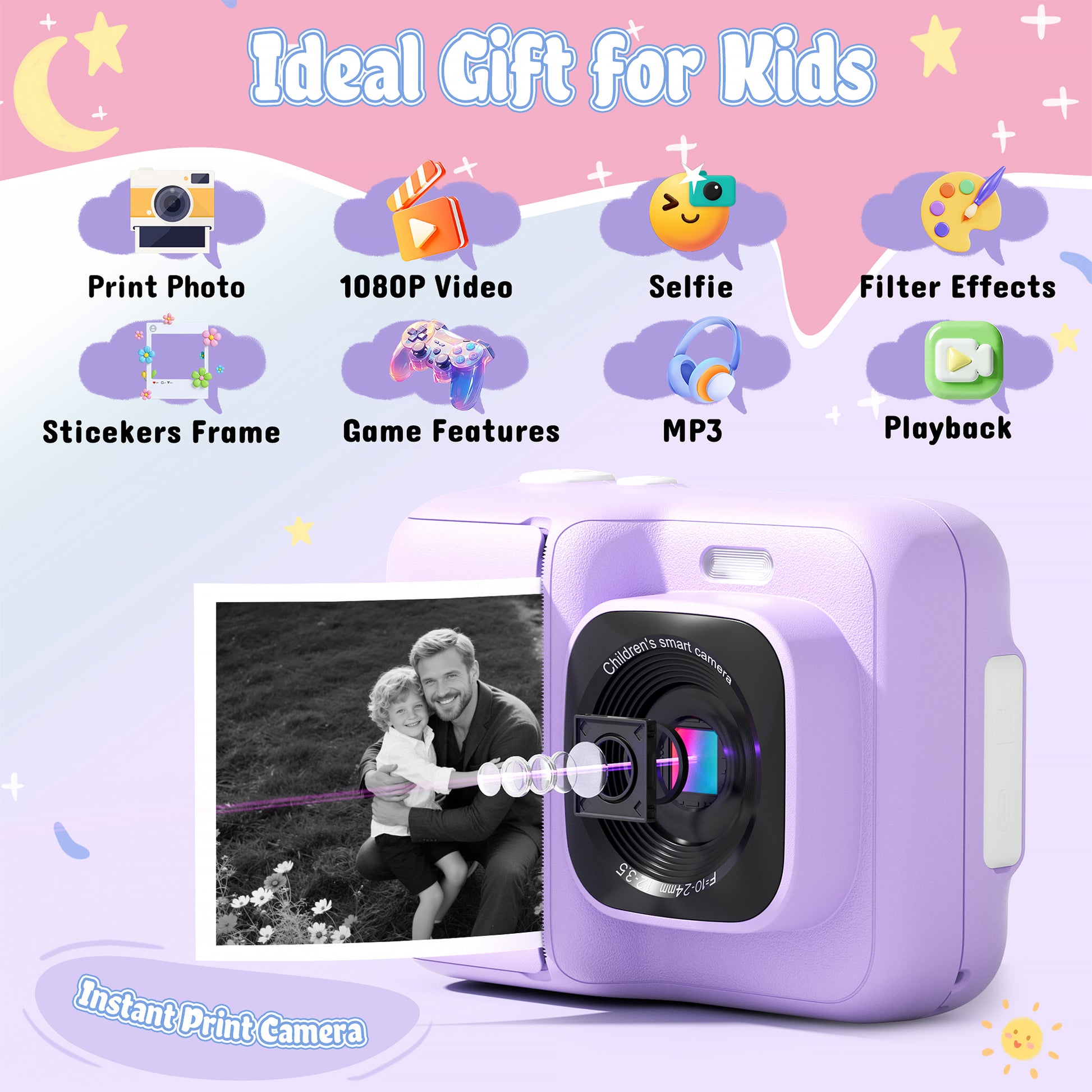 Instant Print Camera for Kids, HD Digital Camera, Christmas Birthday Gifts for 4 5 6 7 8 9 10 Year Old Girls Boys, Portable Toy Camera with 32GB SD Card & 3 Rolls Printing Paper,Purple
