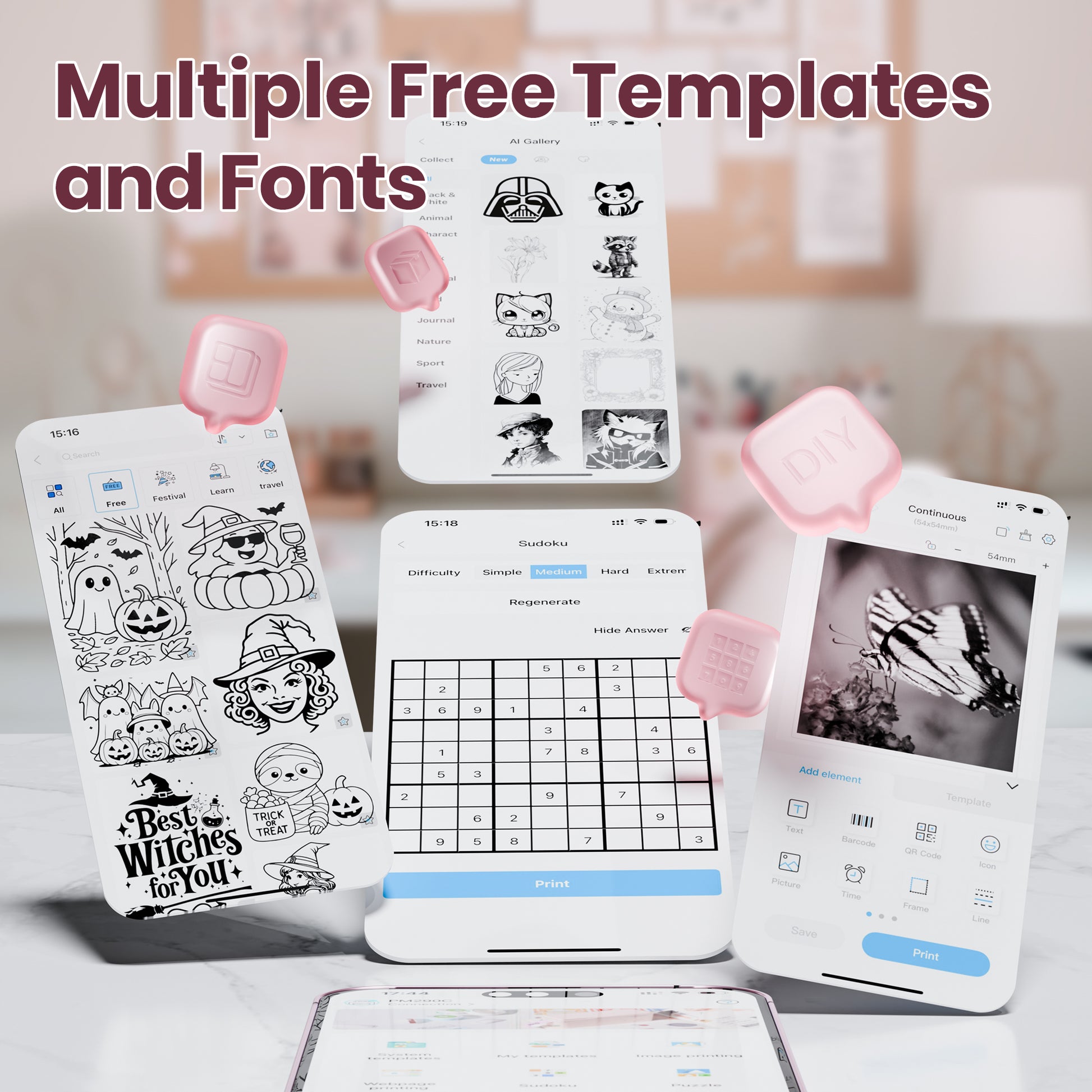 ETIKEZ PM290C Portable Mini Sticker Printer Print Pods Machine, Wireless Bluetooth Sticker Maker with 3 Rolls Paper,Pink