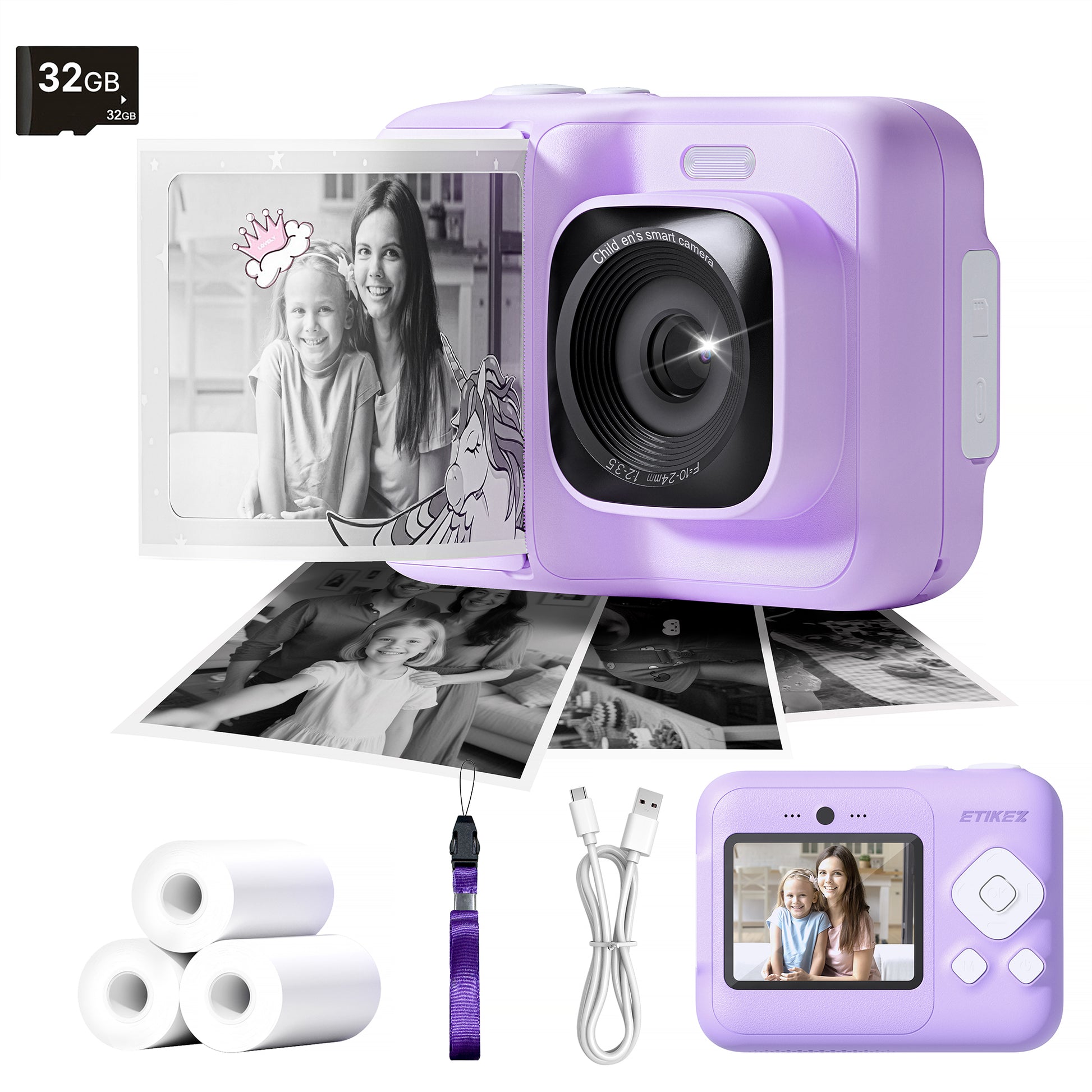 Instant Print Camera for Kids, HD Digital Camera, Christmas Birthday Gifts for 4 5 6 7 8 9 10 Year Old Girls Boys, Portable Toy Camera with 32GB SD Card & 3 Rolls Printing Paper,Purple