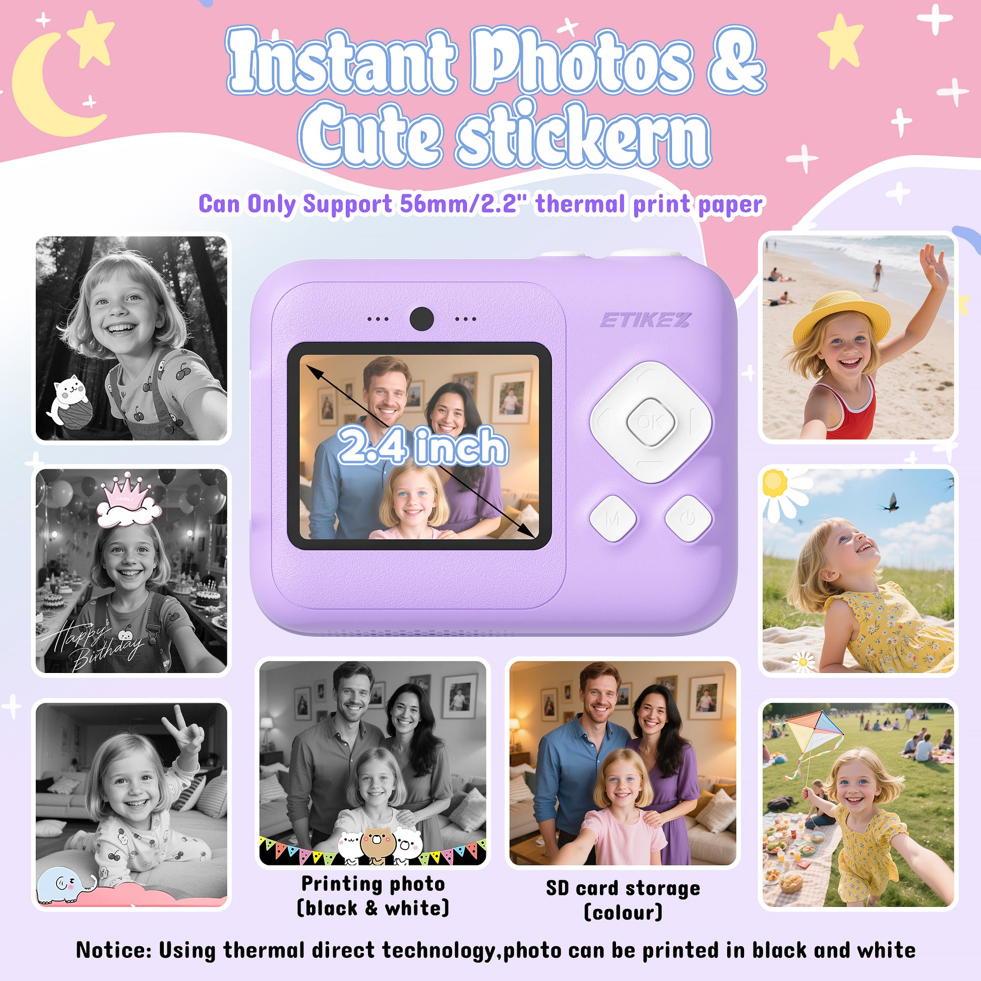 Instant Print Camera for Kids, HD Digital Camera, Christmas Birthday Gifts for 4 5 6 7 8 9 10 Year Old Girls Boys, Portable Toy Camera with 32GB SD Card & 3 Rolls Printing Paper,Purple