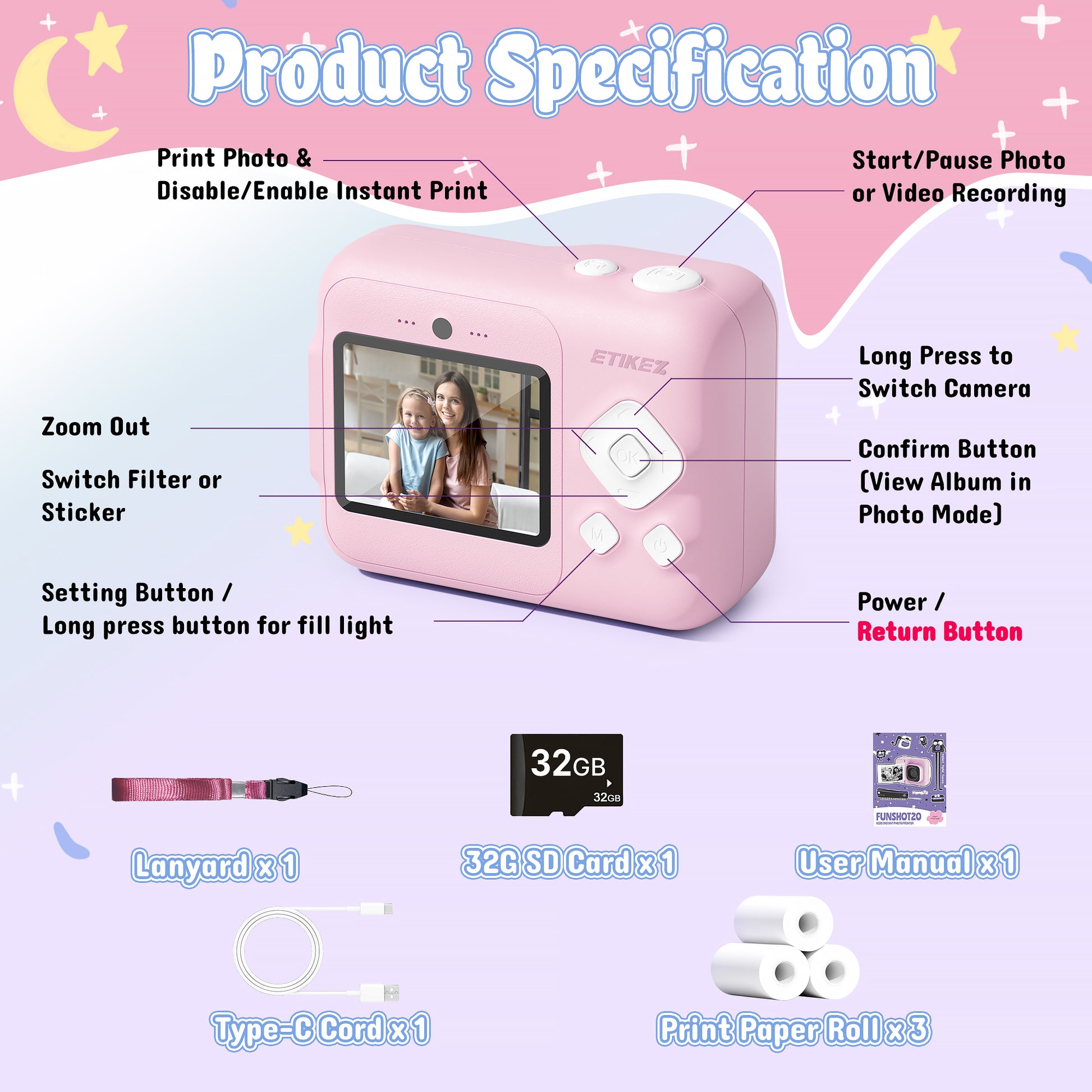 Instant Print Camera for Kids, HD Digital Camera, Christmas Birthday Gifts for 4 5 6 7 8 9 10 Year Old Girls Boys, Portable Toy Camera with 32GB SD Card & 3 Rolls Printing Paper,Pink