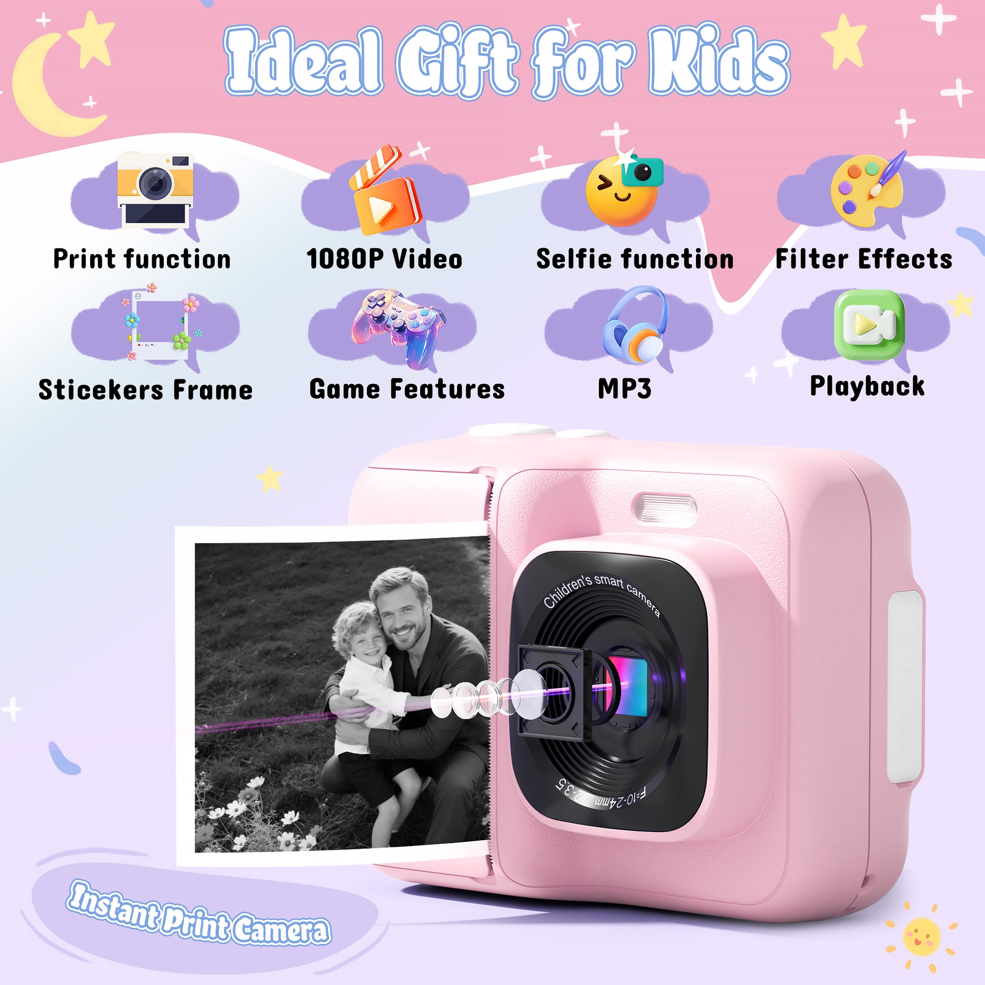 Instant Print Camera for Kids, HD Digital Camera, Christmas Birthday Gifts for 4 5 6 7 8 9 10 Year Old Girls Boys, Portable Toy Camera with 32GB SD Card & 3 Rolls Printing Paper,Pink
