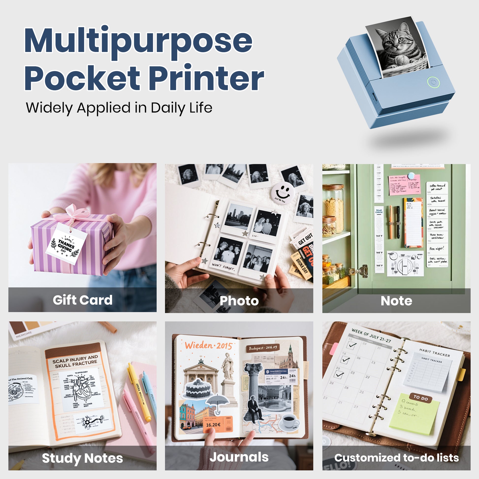 ETIKEZ PM290C Portable Mini Sticker Printer Print Pods Machine, Wireless Bluetooth Sticker Maker with 3 Rolls Paper,Blue