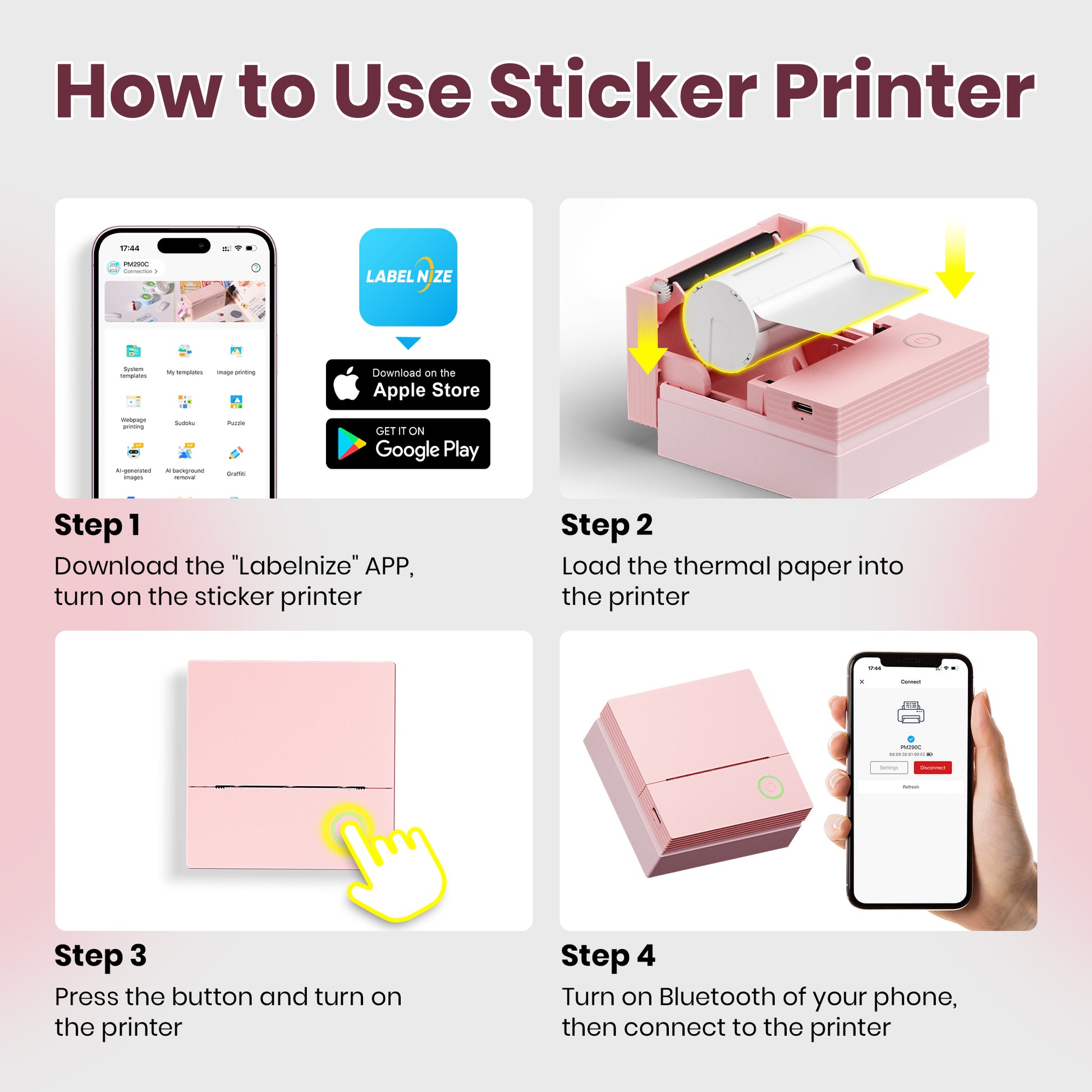 ETIKEZ PM290C Portable Mini Sticker Printer Print Pods Machine, Wireless Bluetooth Sticker Maker with 3 Rolls Paper,Pink