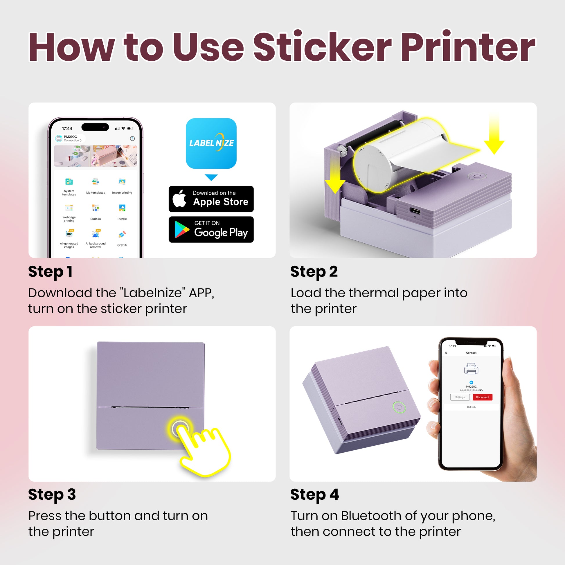 ETIKEZ PM290C Portable Mini Sticker Printer Print Pods Machine, Wireless Bluetooth Sticker Maker with 3 Rolls Paper,Purple
