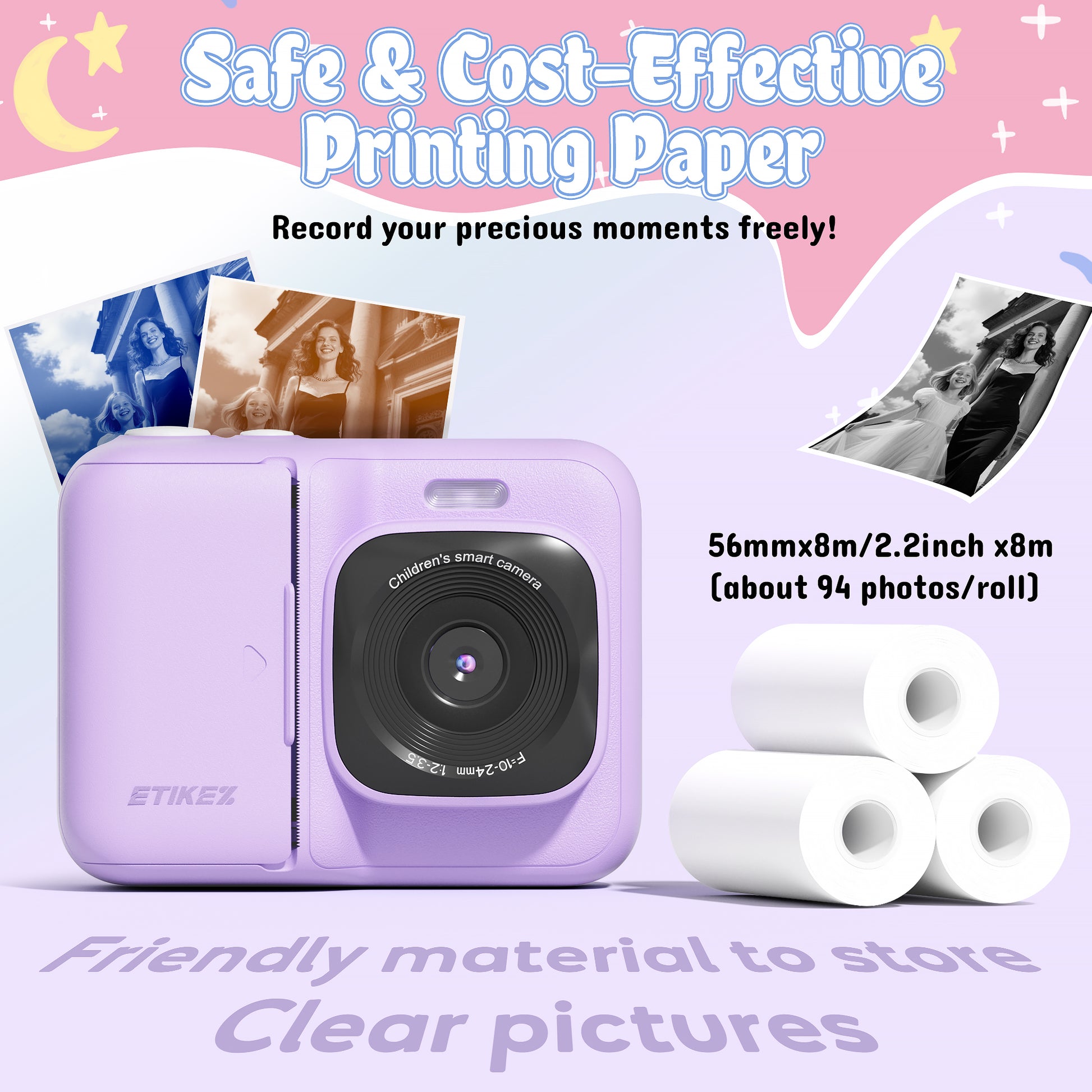 Instant Print Camera for Kids, HD Digital Camera, Christmas Birthday Gifts for 4 5 6 7 8 9 10 Year Old Girls Boys, Portable Toy Camera with 32GB SD Card & 3 Rolls Printing Paper,Purple