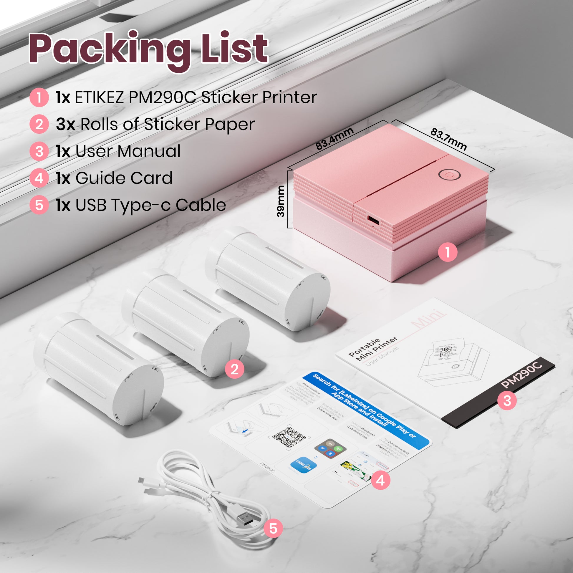 ETIKEZ PM290C Portable Mini Sticker Printer Print Pods Machine, Wireless Bluetooth Sticker Maker with 3 Rolls Paper,Pink