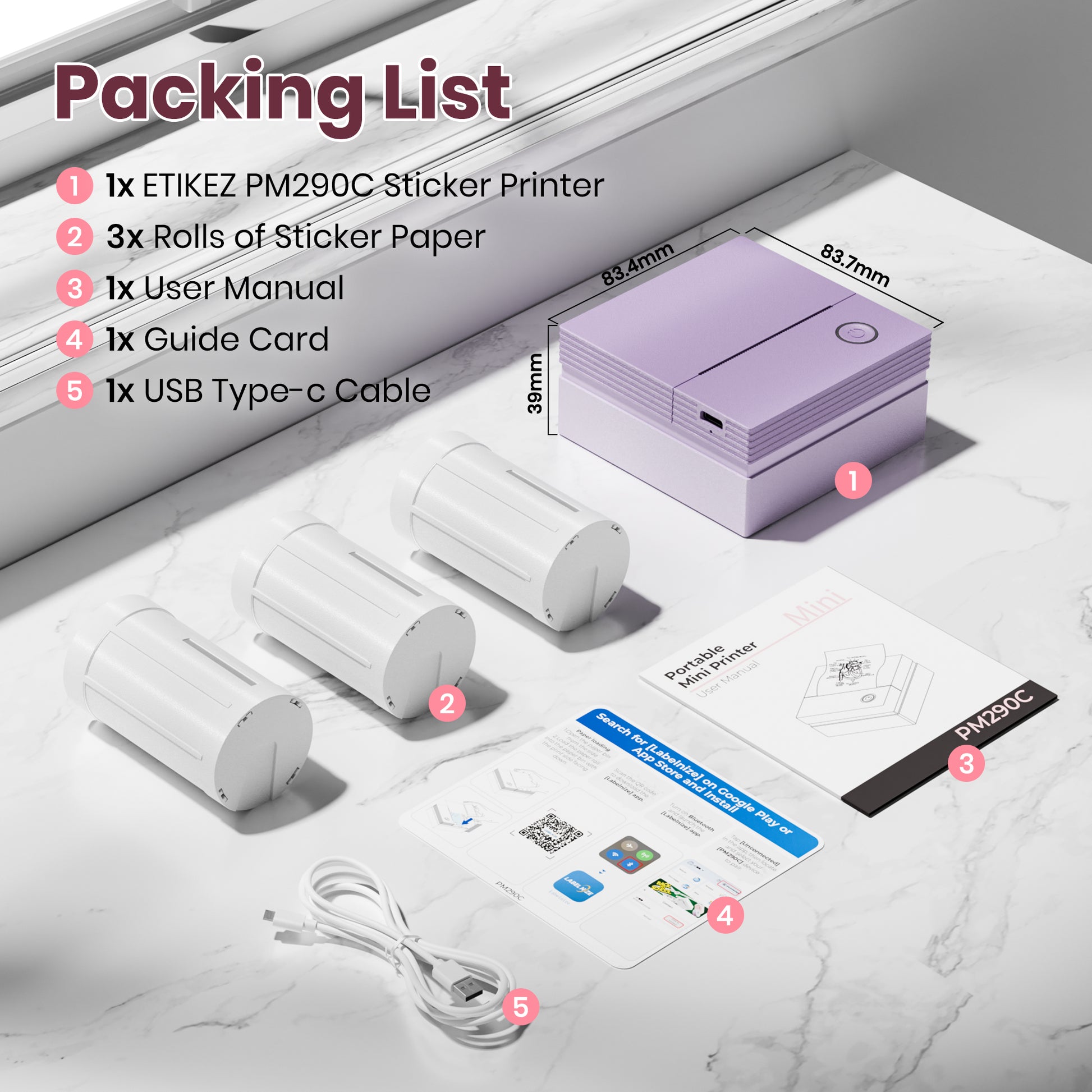 ETIKEZ PM290C Portable Mini Sticker Printer Print Pods Machine, Wireless Bluetooth Sticker Maker with 3 Rolls Paper,Purple