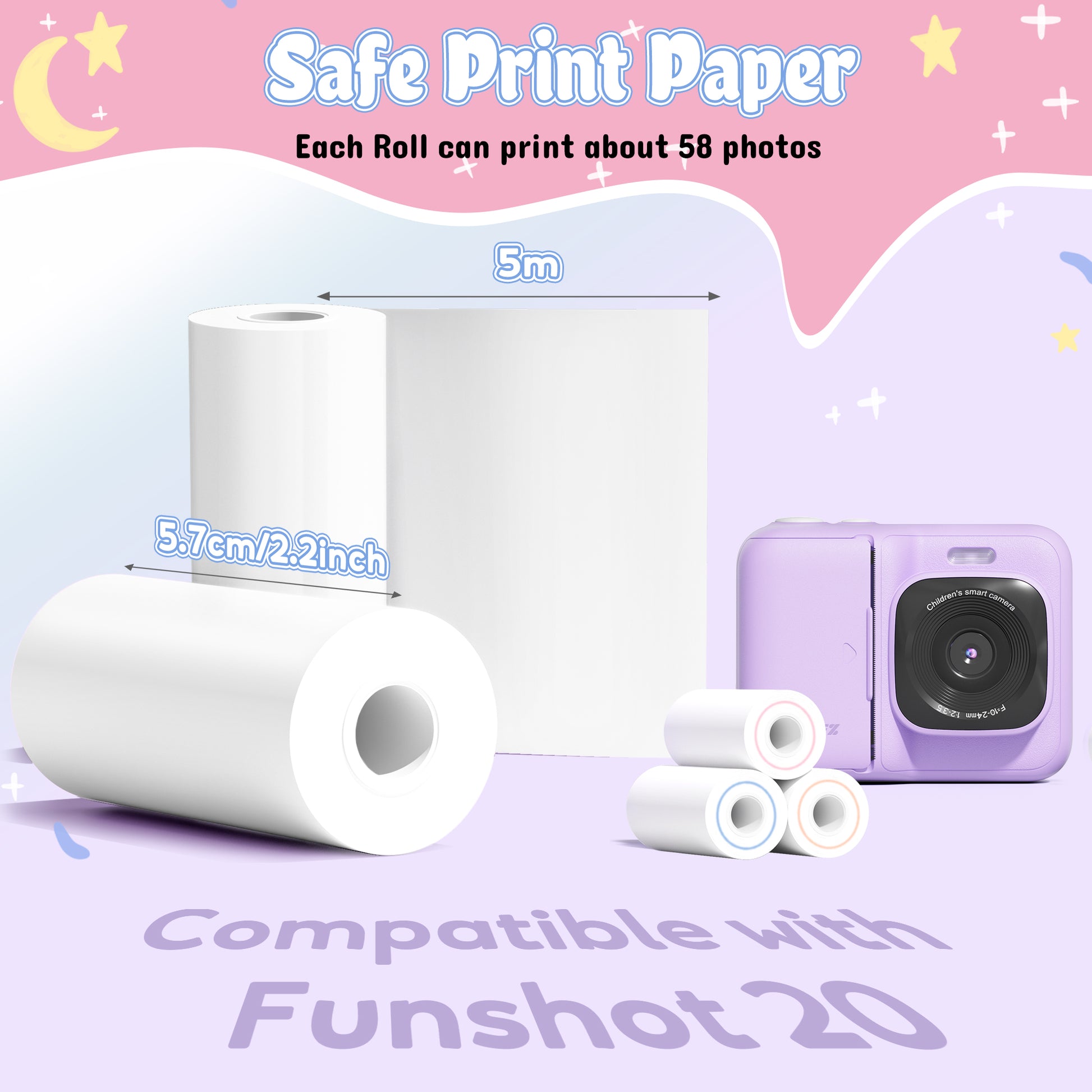 Kids Instant Print Camera Paper, Thermal Printing Refill Set for Toddler Camera, Compatible with ETIKEZ Funshot 20, Camera Thermal Printing Paper, 5.7cmx5m Per Roll, 3 Rolls, Blue/Orange/Red