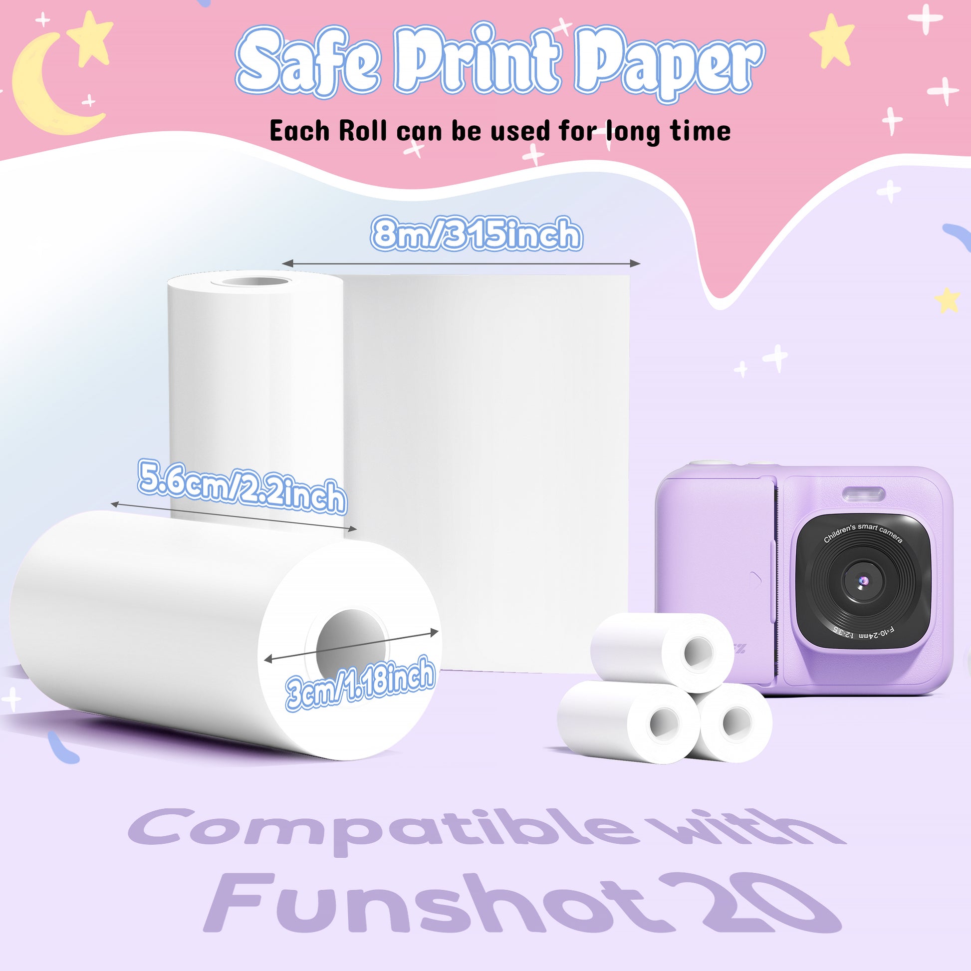 Kids Instant Print Camera Paper, Thermal Printing Refill Set for Toddler Camera, Compatible with ETIKEZ Funshot 20, HD Camera Thermal Printing Paper, 2.2" x 26ft (5.6cmx8m) Per Roll