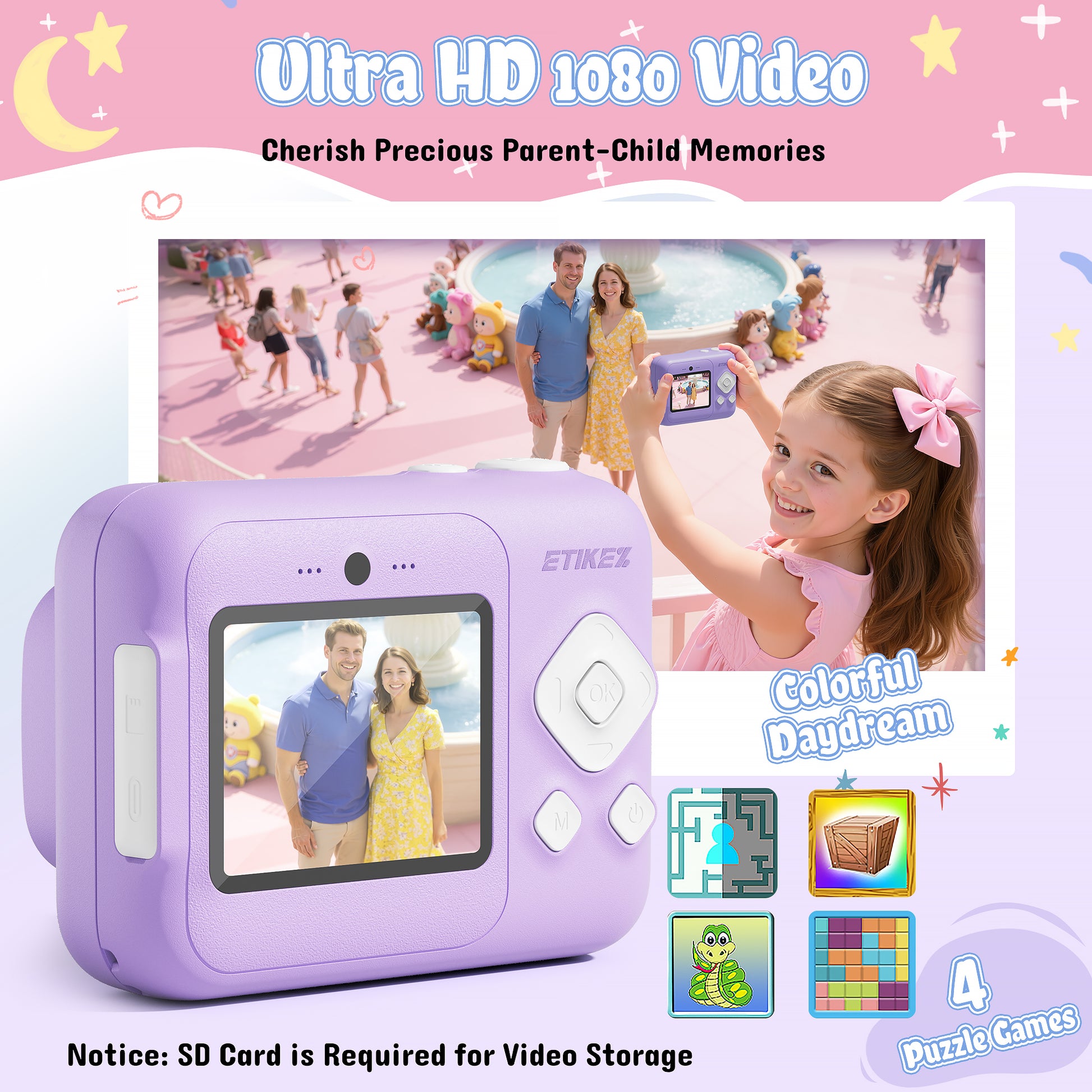 Instant Print Camera for Kids, HD Digital Camera, Christmas Birthday Gifts for 4 5 6 7 8 9 10 Year Old Girls Boys, Portable Toy Camera with 32GB SD Card & 3 Rolls Printing Paper,Purple