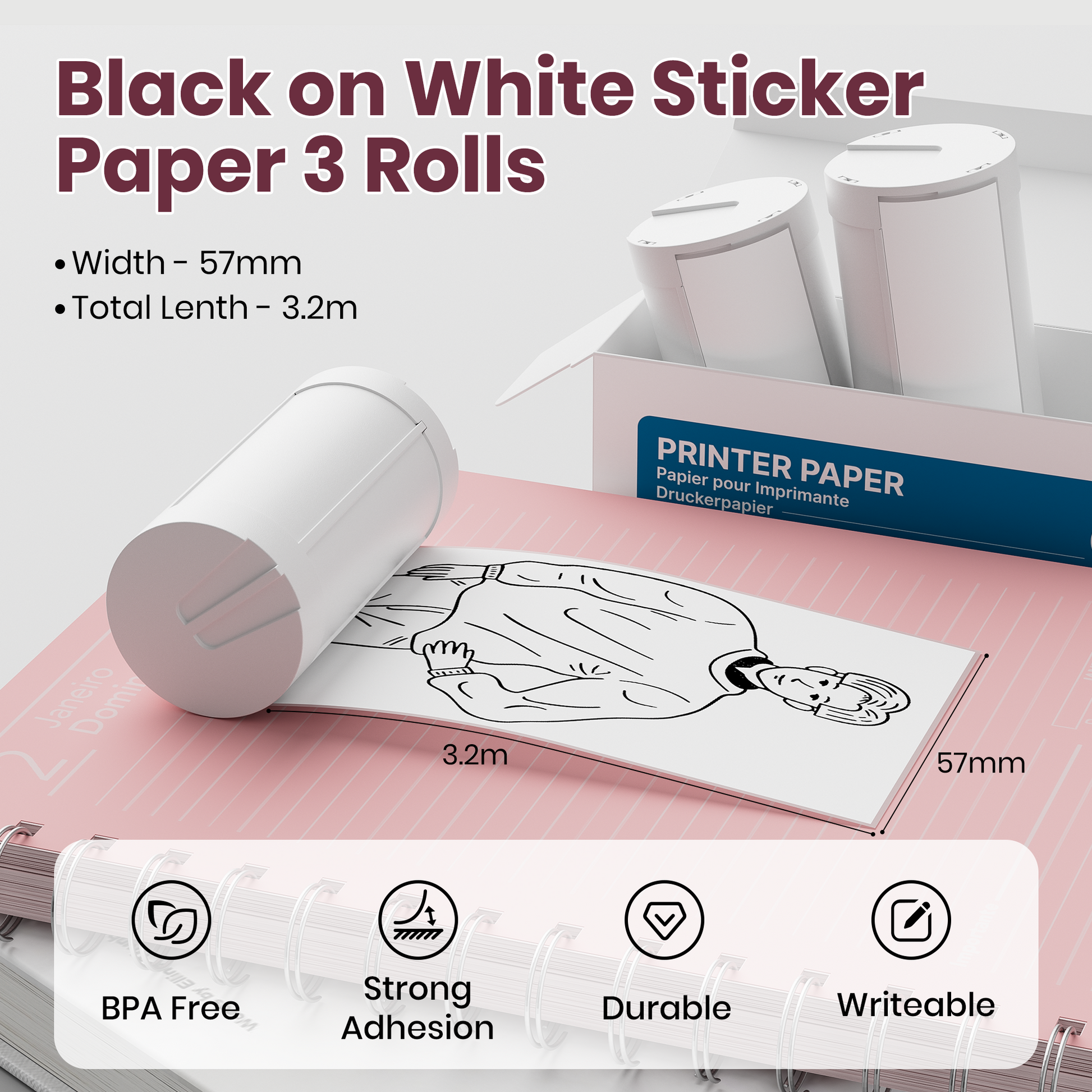 ETIKEZ Genuine Self-Adhesive Thermal Printer Stickers, Compatible with PM290C Mini Sticker Printer, Black on White, 54mmx3.5m Sticker Paper, 3 Rolls, White