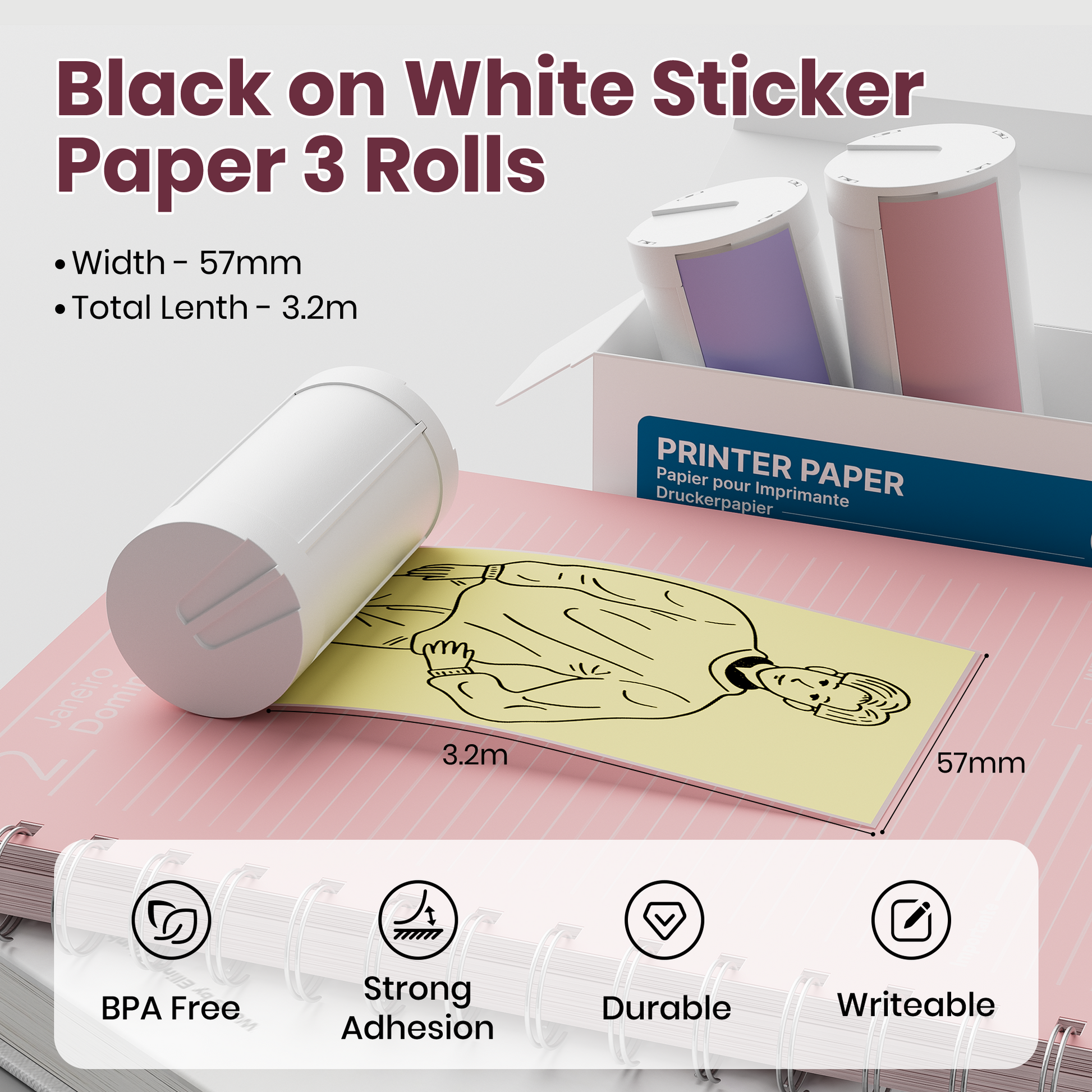 ETIKEZ Genuine Self-Adhesive Thermal Printer Stickers, Compatible with PM290C Mini Sticker Printer, Black on White, 54mmx3.5m Sticker Paper, 3 Rolls, Yellow/Pink/Purple