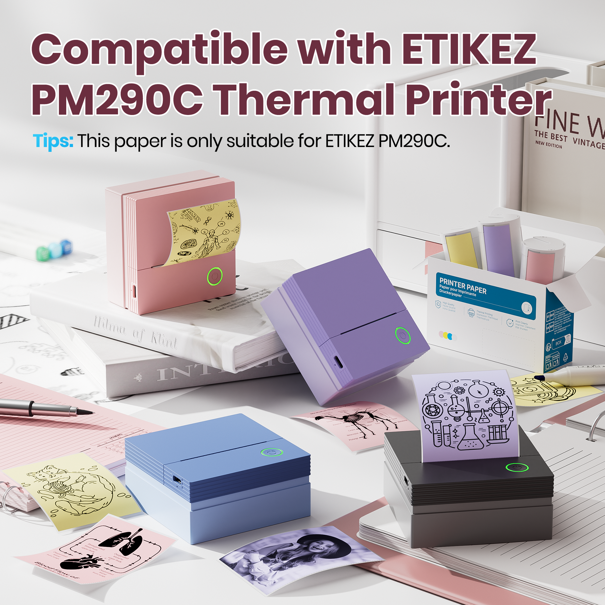 ETIKEZ Genuine Self-Adhesive Thermal Printer Stickers, Compatible with PM290C Mini Sticker Printer, Black on White, 54mmx3.5m Sticker Paper, 3 Rolls, Yellow/Pink/Purple