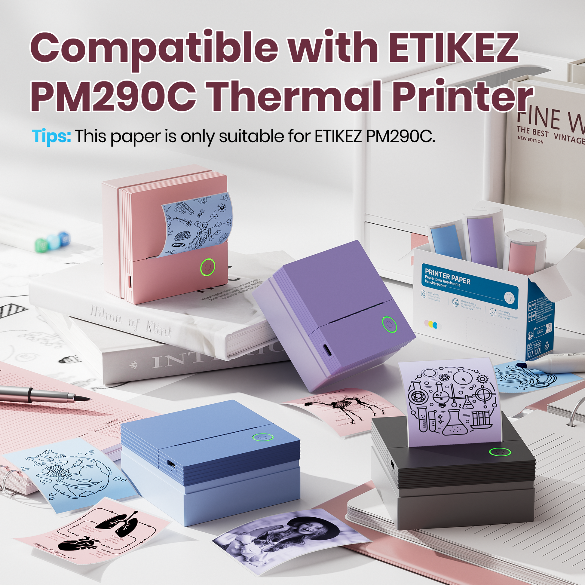 ETIKEZ Genuine Self-Adhesive Thermal Printer Stickers, Compatible with PM290C Mini Sticker Printer, Black on White, 54mmx3.5m Sticker Paper, 3 Rolls, Blue/Pink/Purple