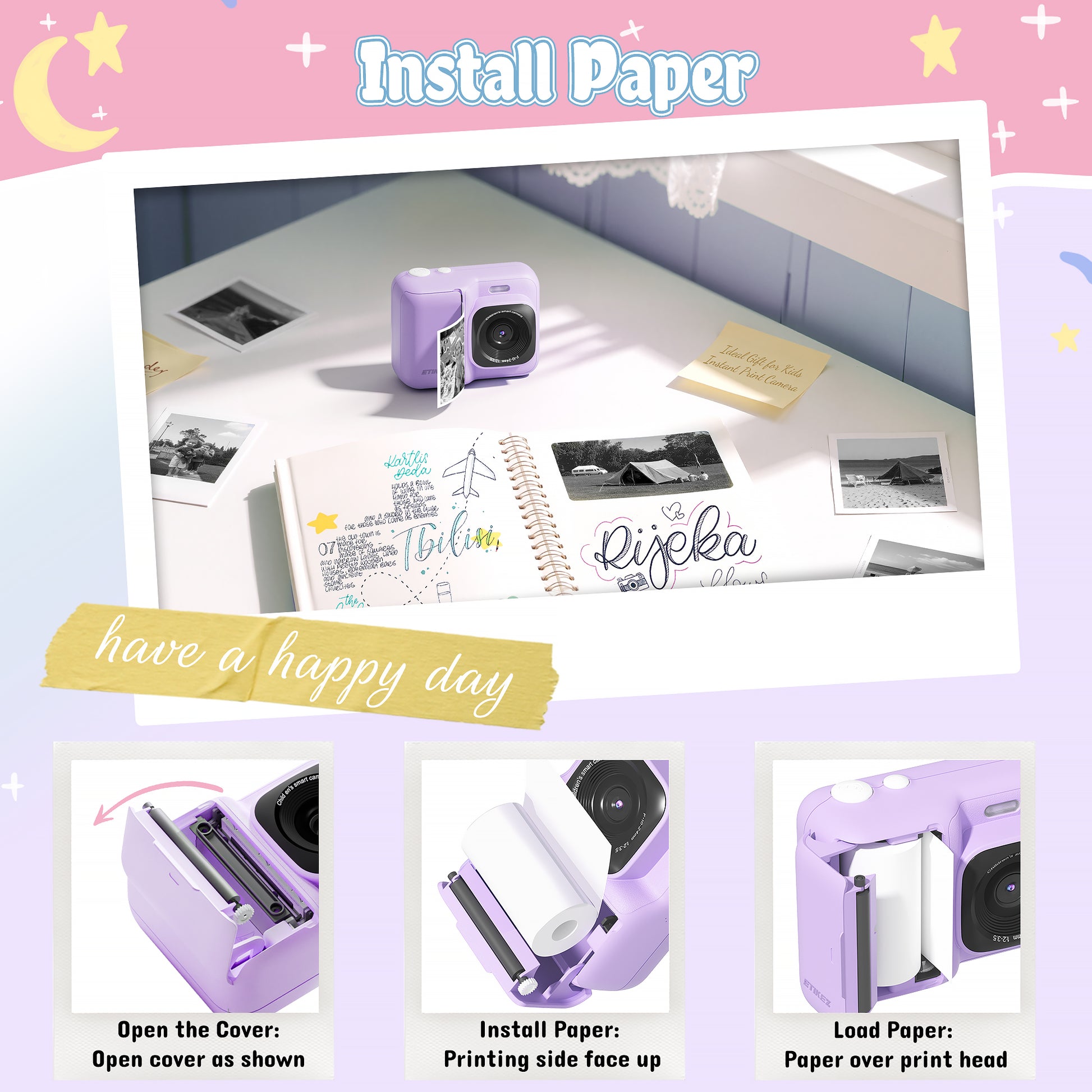 Instant Print Camera for Kids, HD Digital Camera, Christmas Birthday Gifts for 4 5 6 7 8 9 10 Year Old Girls Boys, Portable Toy Camera with 32GB SD Card & 3 Rolls Printing Paper,Purple