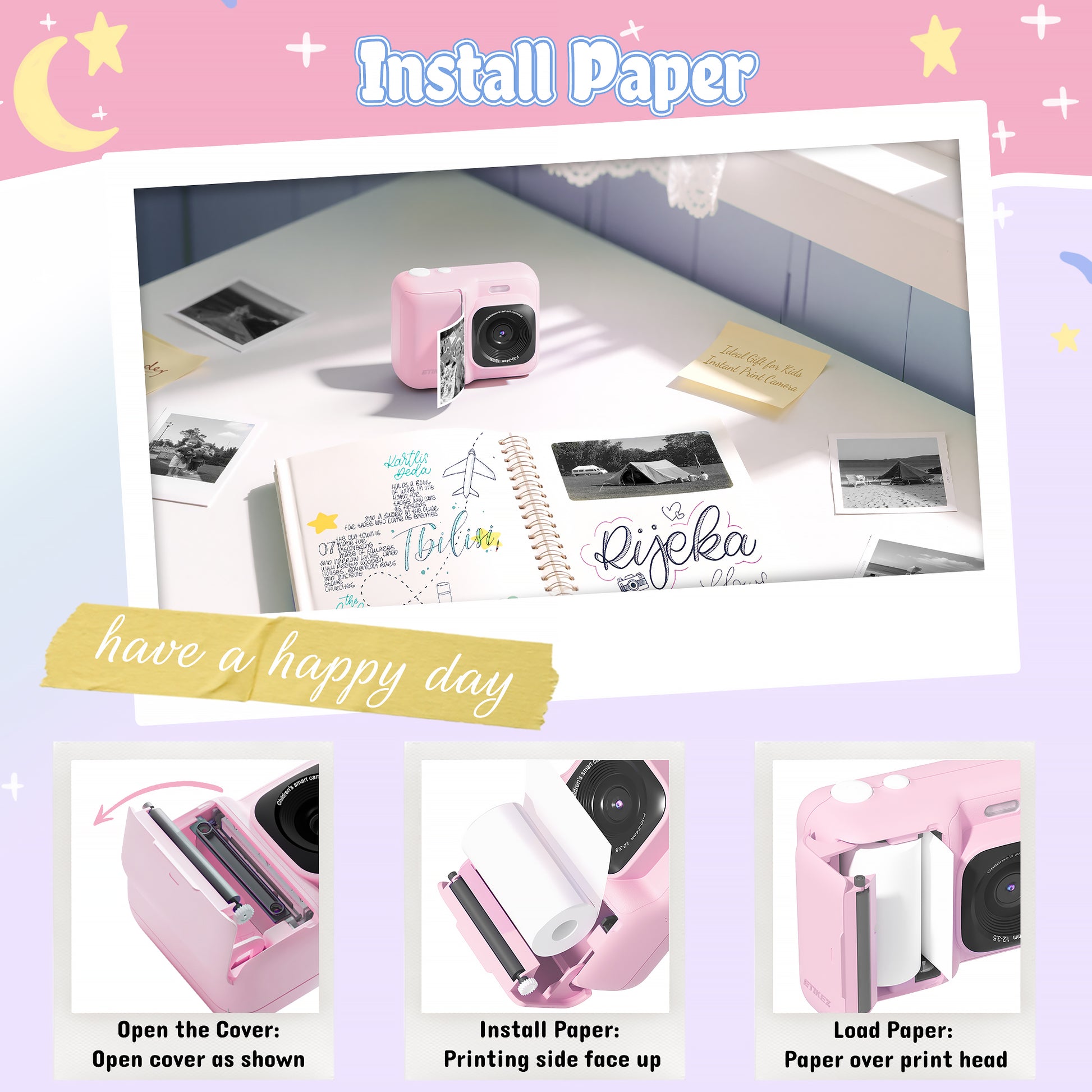 Instant Print Camera for Kids, HD Digital Camera, Christmas Birthday Gifts for 4 5 6 7 8 9 10 Year Old Girls Boys, Portable Toy Camera with 32GB SD Card & 3 Rolls Printing Paper,Pink