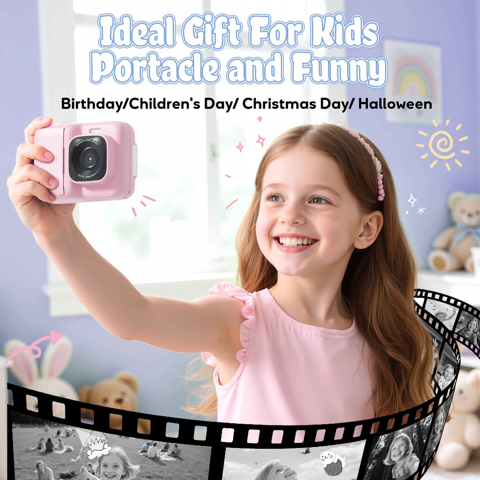 Instant Print Camera for Kids, HD Digital Camera, Christmas Birthday Gifts for 4 5 6 7 8 9 10 Year Old Girls Boys, Portable Toy Camera with 32GB SD Card & 3 Rolls Printing Paper,Pink