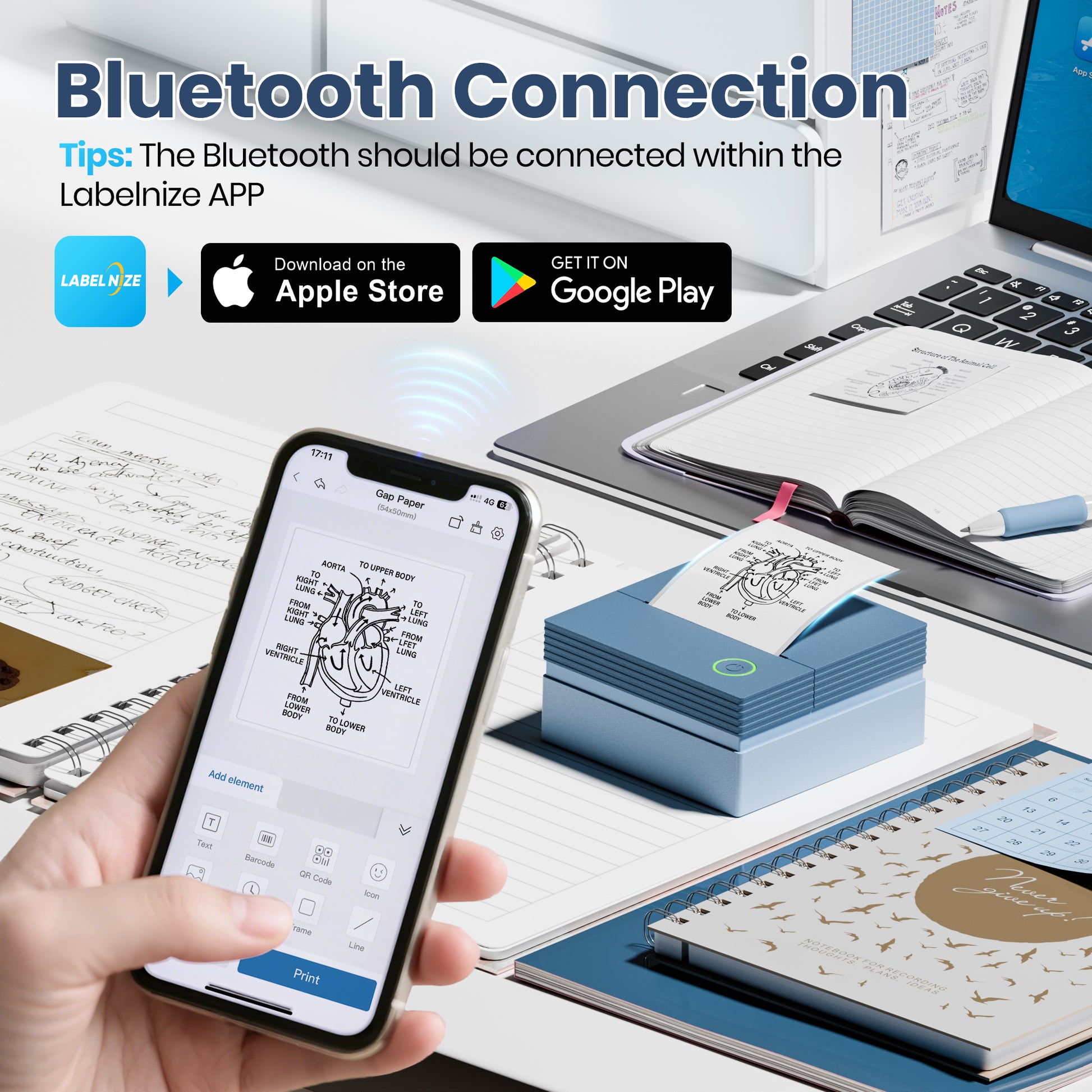 ETIKEZ PM290C Portable Mini Sticker Printer Print Pods Machine, Wireless Bluetooth Sticker Maker with 3 Rolls Paper,Blue