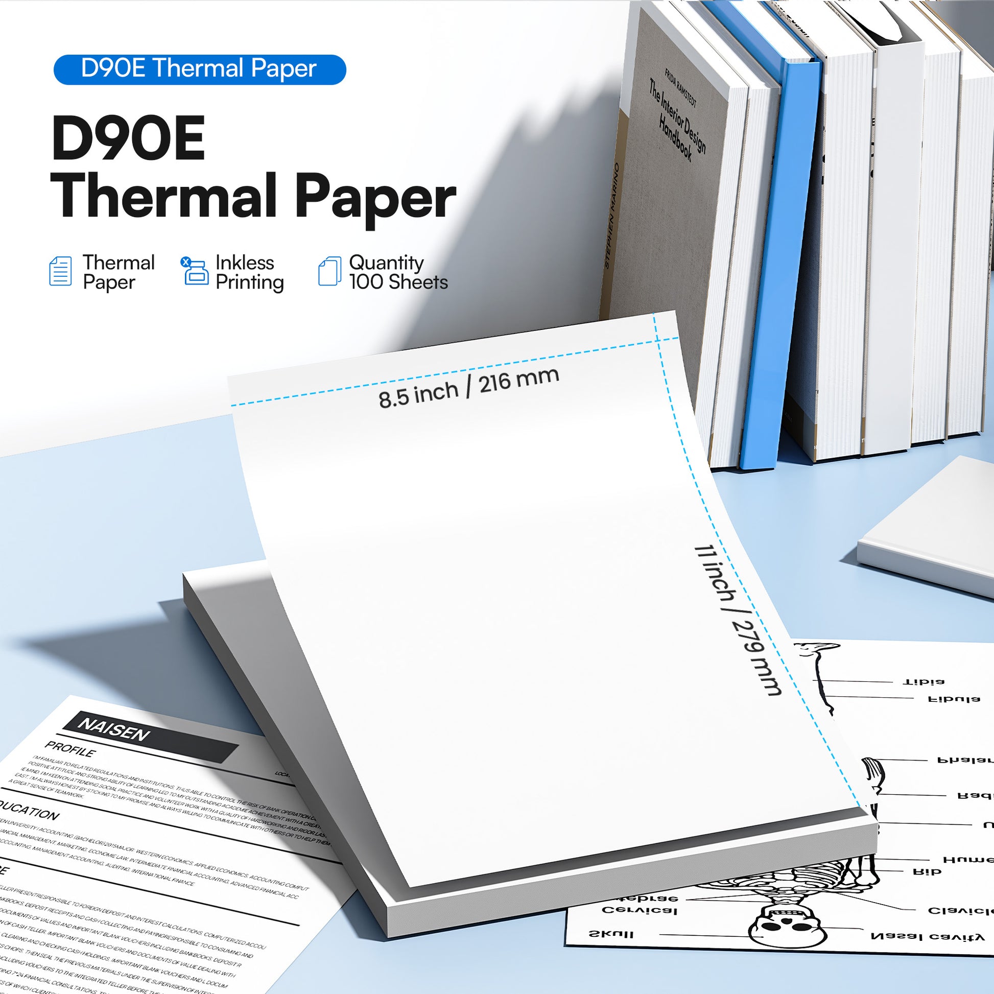 D90E Thermal Printer Paper 8.5 x 11 Inch US Letter Size, Advanced Thermal printing Paper Compatible with D90E Portable Printer, 100 Sheets