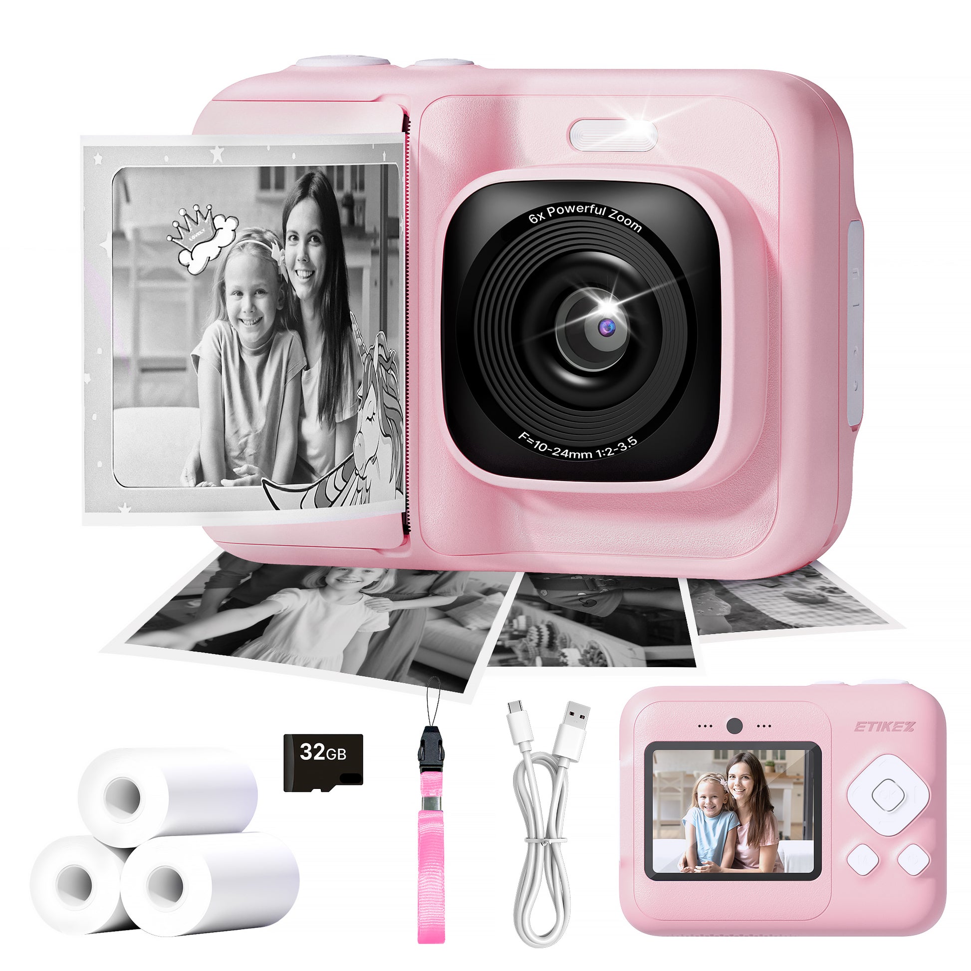 Instant Print Camera for Kids, HD Digital Camera, Christmas Birthday Gifts for 4 5 6 7 8 9 10 Year Old Girls Boys, Portable Toy Camera with 32GB SD Card & 3 Rolls Printing Paper,Pink