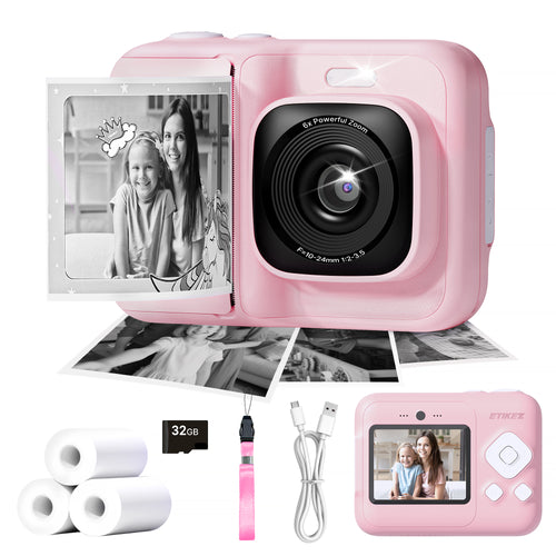 Instant Print Camera for Kids, HD Digital Camera, Christmas Birthday Gifts for 4 5 6 7 8 9 10 Year Old Girls Boys, Portable Toy Camera with 32GB SD Card & 3 Rolls Printing Paper,Pink