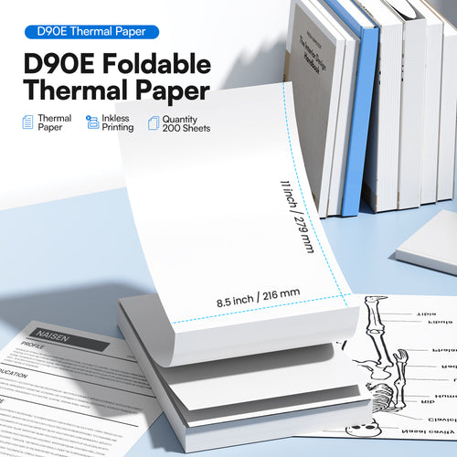 D90E Thermal Printer Paper 8.5 x 11 Inch, Continuous Folding Thermal Paper, US Letter Size printing paper Compatible with D90E Portable Printer, 200 Sheets