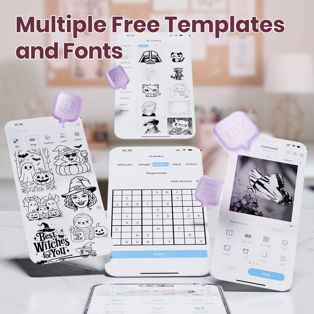 ETIKEZ PM290C Portable Mini Sticker Printer Print Pods Machine, Wireless Bluetooth Sticker Maker with 3 Rolls Paper,Purple