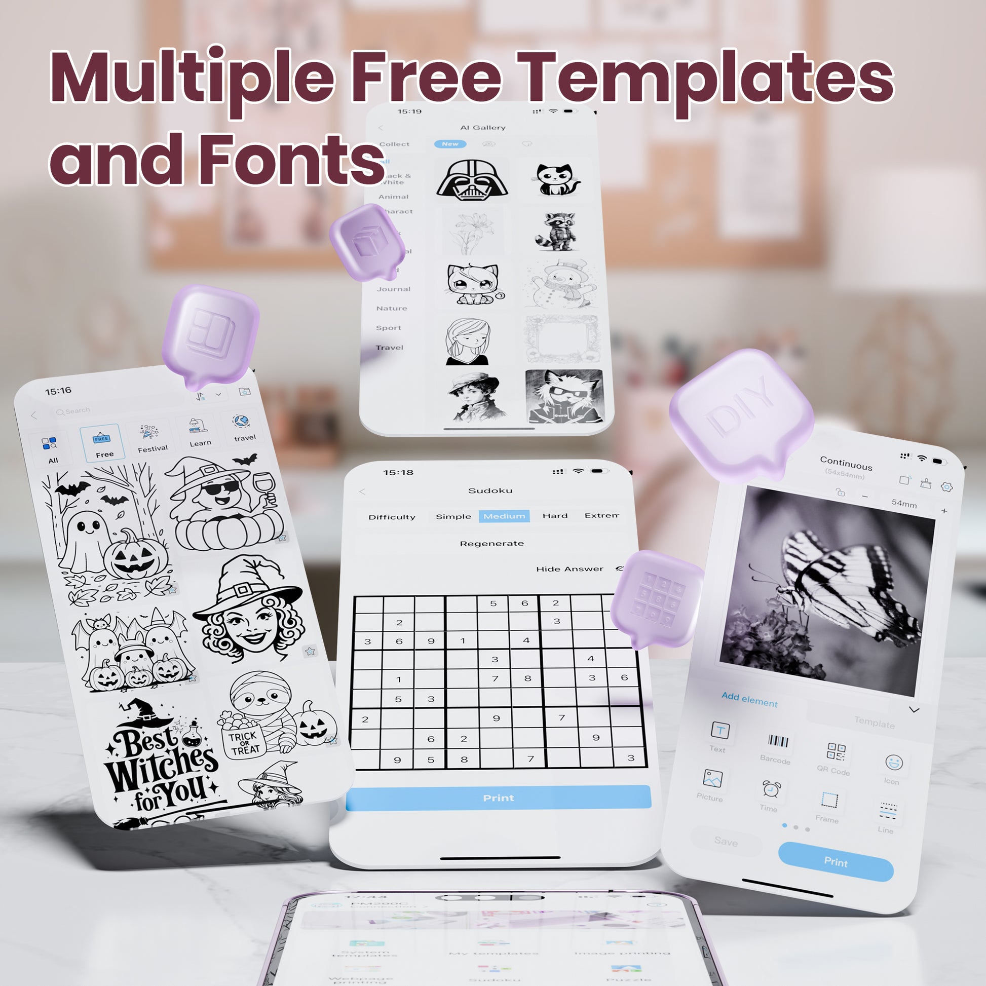 ETIKEZ PM290C Portable Mini Sticker Printer Print Pods Machine, Wireless Bluetooth Sticker Maker with 3 Rolls Paper,Purple