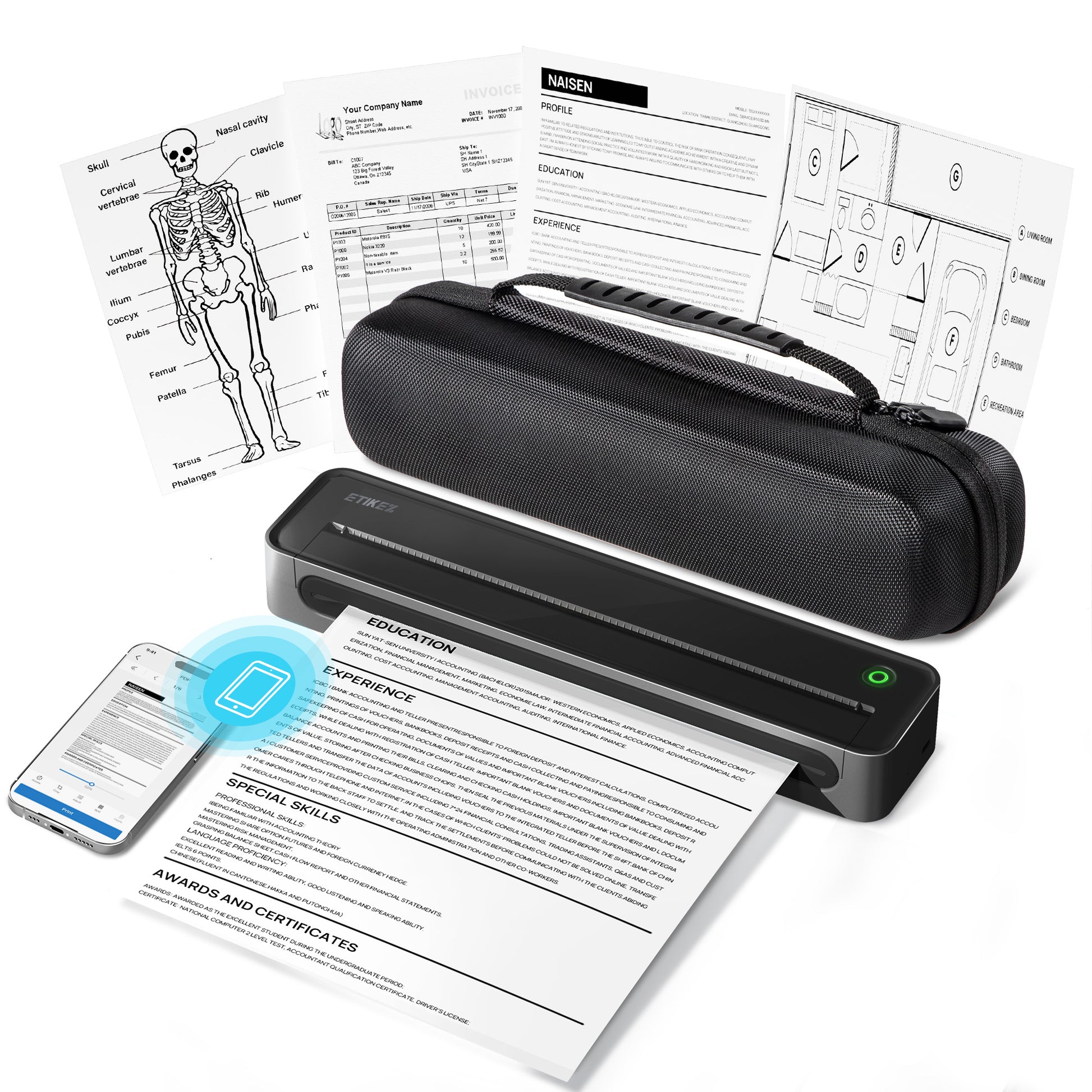 ETIKEZ D90E Inkless Portable Printer for Travel, Supports 8.5 x 11 Inch Thermal Paper Wireless Thermal Printer Bluetooth, with Travel Case & 10 Sheets for Students, Office, School, Black