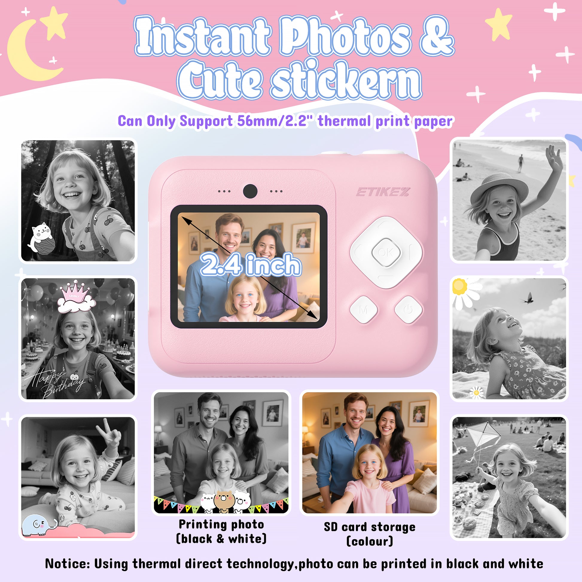Instant Print Camera for Kids, HD Digital Camera, Christmas Birthday Gifts for 4 5 6 7 8 9 10 Year Old Girls Boys, Portable Toy Camera with 32GB SD Card & 3 Rolls Printing Paper,Pink