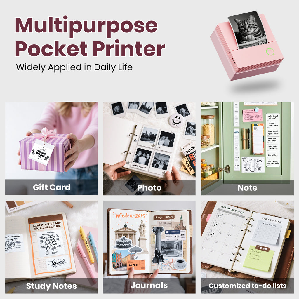 ETIKEZ PM290C Portable Mini Sticker Printer Print Pods Machine, Wireless Bluetooth Sticker Maker with 3 Rolls Paper,Pink