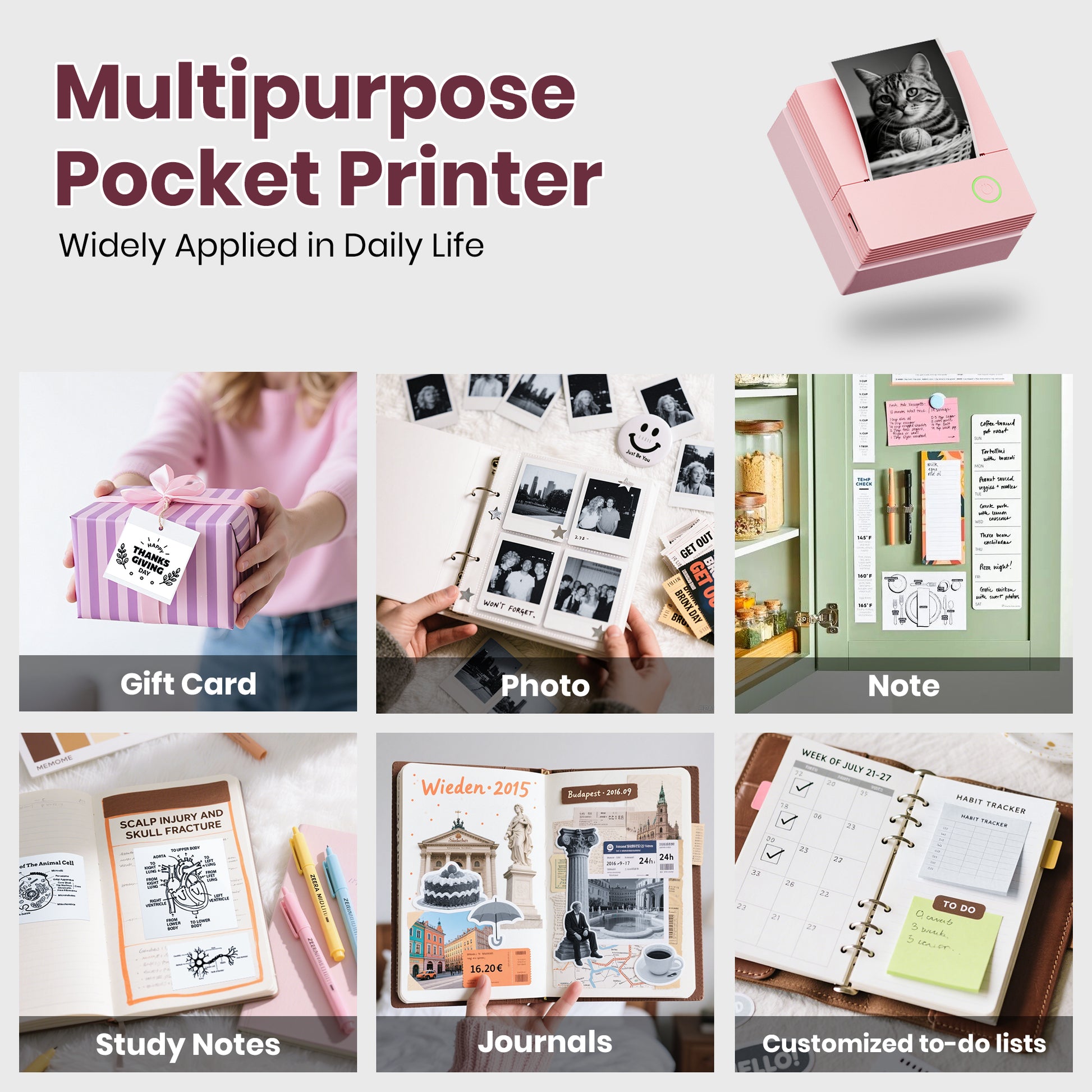 ETIKEZ PM290C Portable Mini Sticker Printer Print Pods Machine, Wireless Bluetooth Sticker Maker with 3 Rolls Paper,Pink