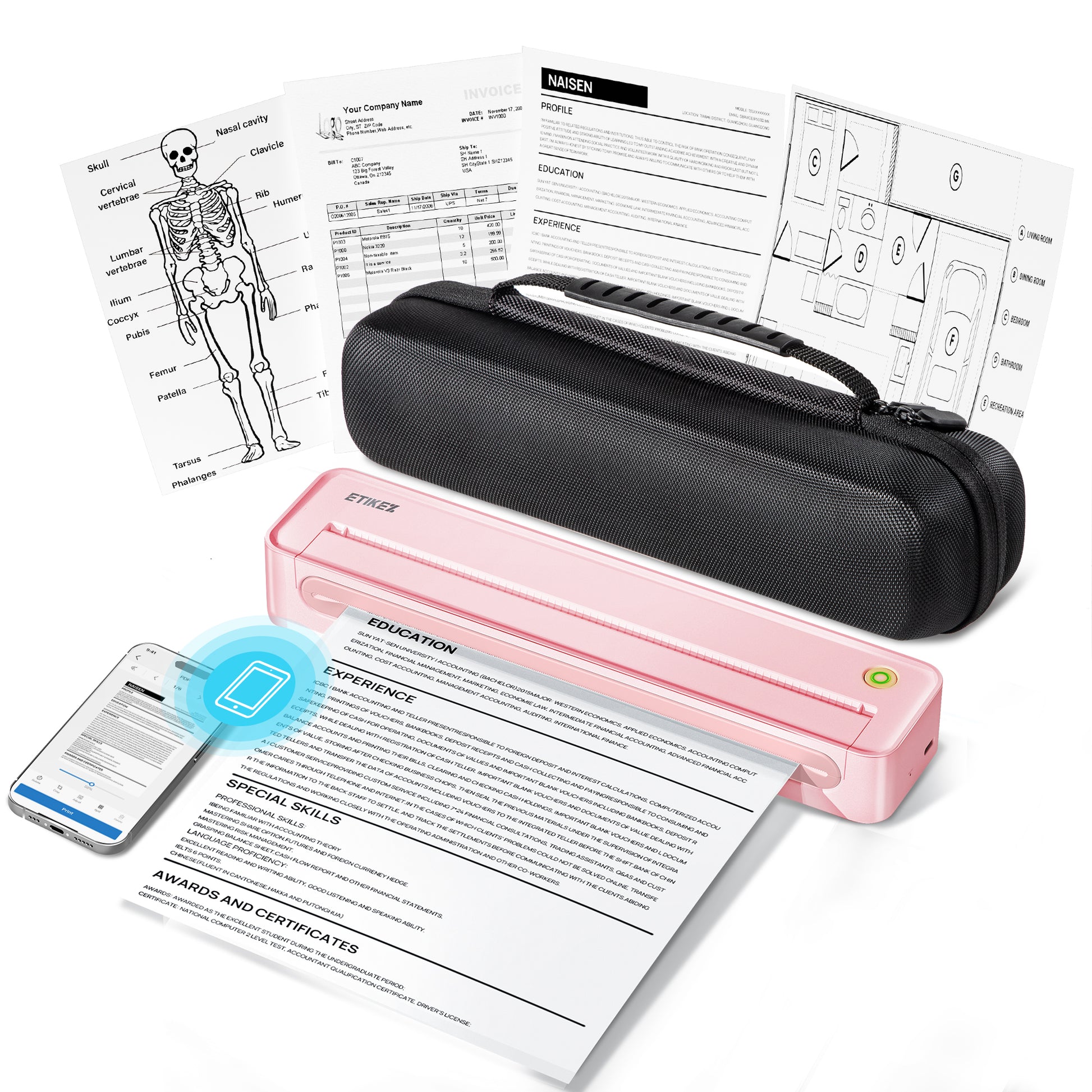 ETIKEZ D90E Inkless Portable Printer for Travel, Supports 8.5 x 11 Inch Thermal Paper Wireless Thermal Printer Bluetooth, with Travel Case & 10 Sheets for Students, Office, School, Pink