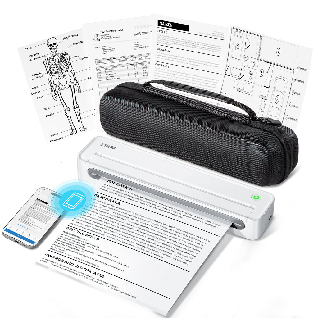 ETIKEZ D90E Inkless Portable Printer for Travel, Supports 8.5 x 11 Inch Thermal Paper Wireless Thermal Printer Bluetooth, with Travel Case & 10 Sheets for Students, Office, School, White
