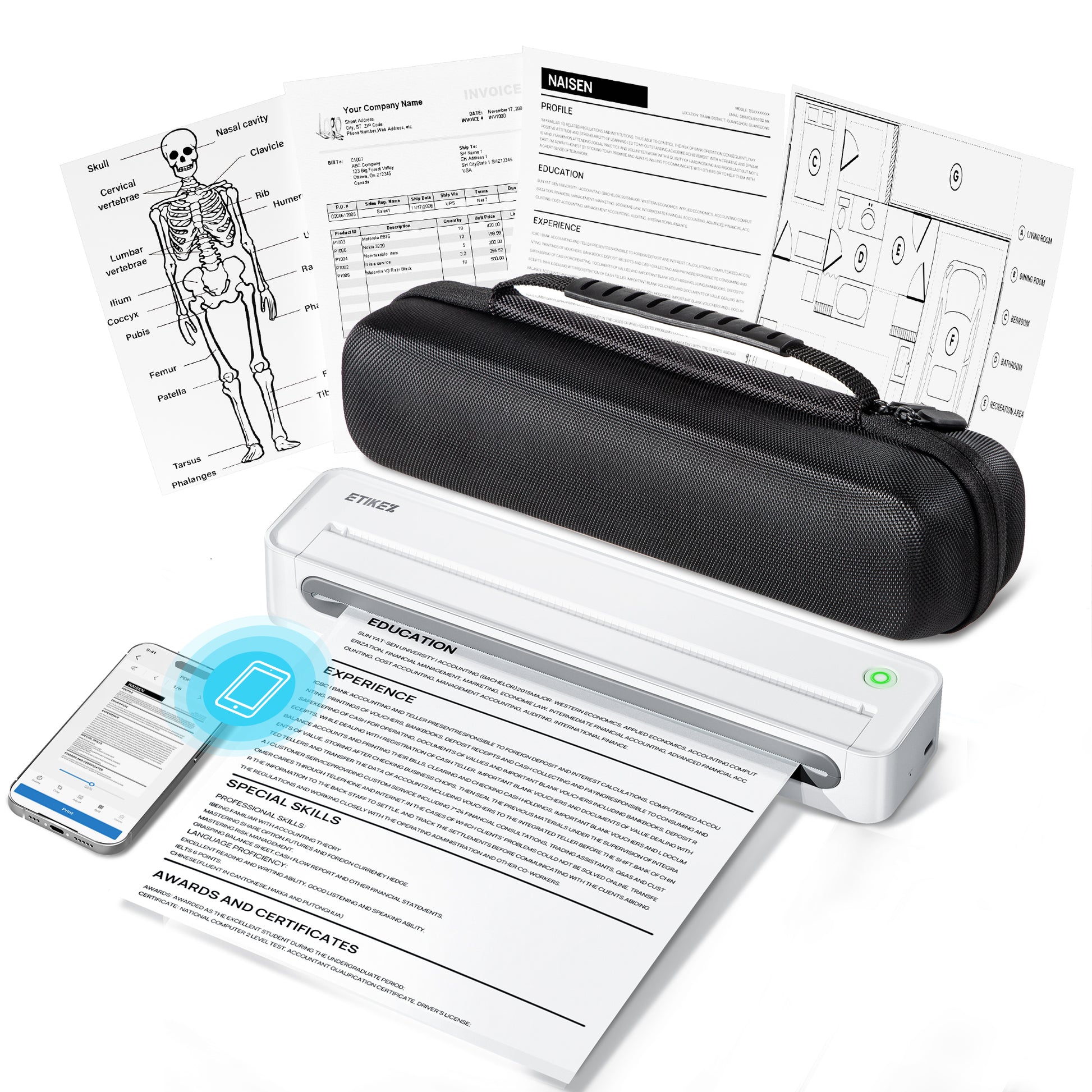 ETIKEZ D90E Inkless Portable Printer for Travel, Supports 8.5 x 11 Inch Thermal Paper Wireless Thermal Printer Bluetooth, with Travel Case & 10 Sheets for Students, Office, School, White
