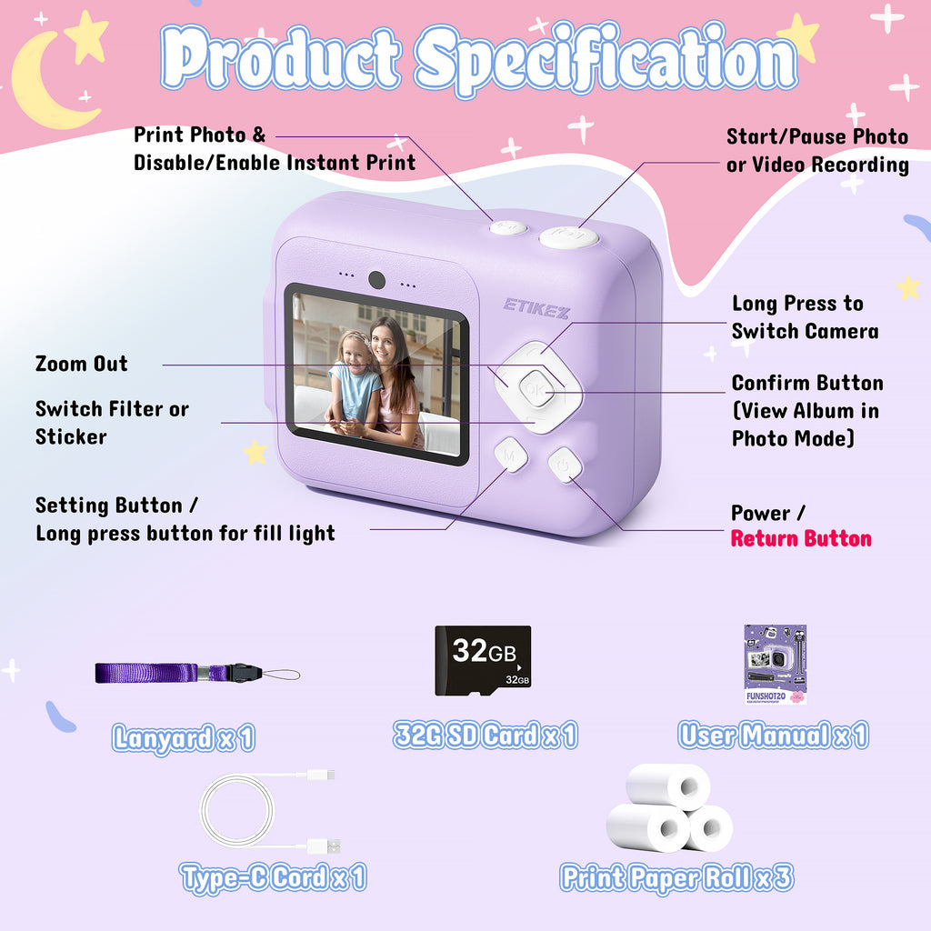 Instant Print Camera for Kids, HD Digital Camera, Christmas Birthday Gifts for 4 5 6 7 8 9 10 Year Old Girls Boys, Portable Toy Camera with 32GB SD Card & 3 Rolls Printing Paper,Purple