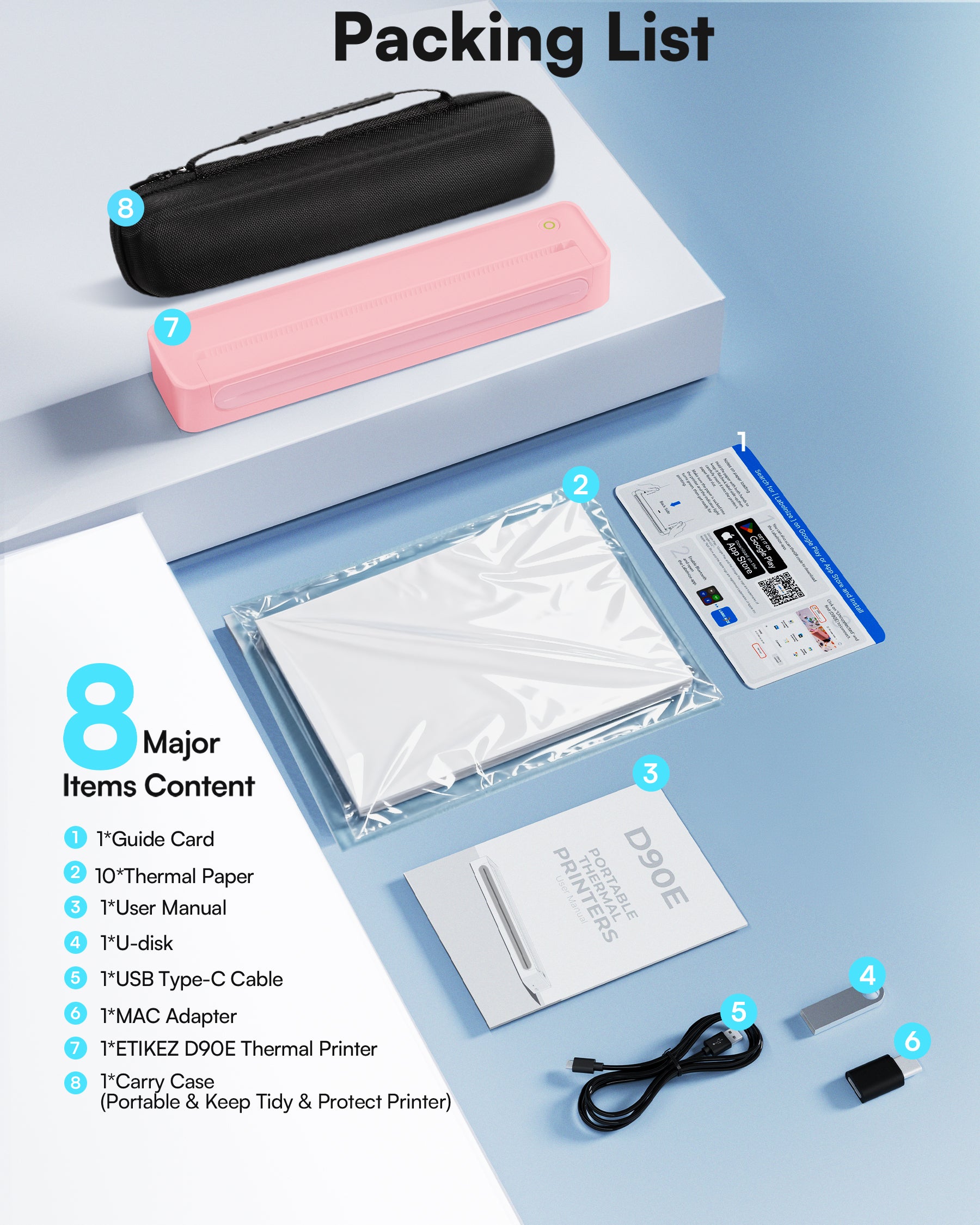 ETIKEZ D90E Inkless Portable Printer for Travel, Supports 8.5 x 11 Inch Thermal Paper Wireless Thermal Printer Bluetooth, with Travel Case & 10 Sheets for Students, Office, School, Pink