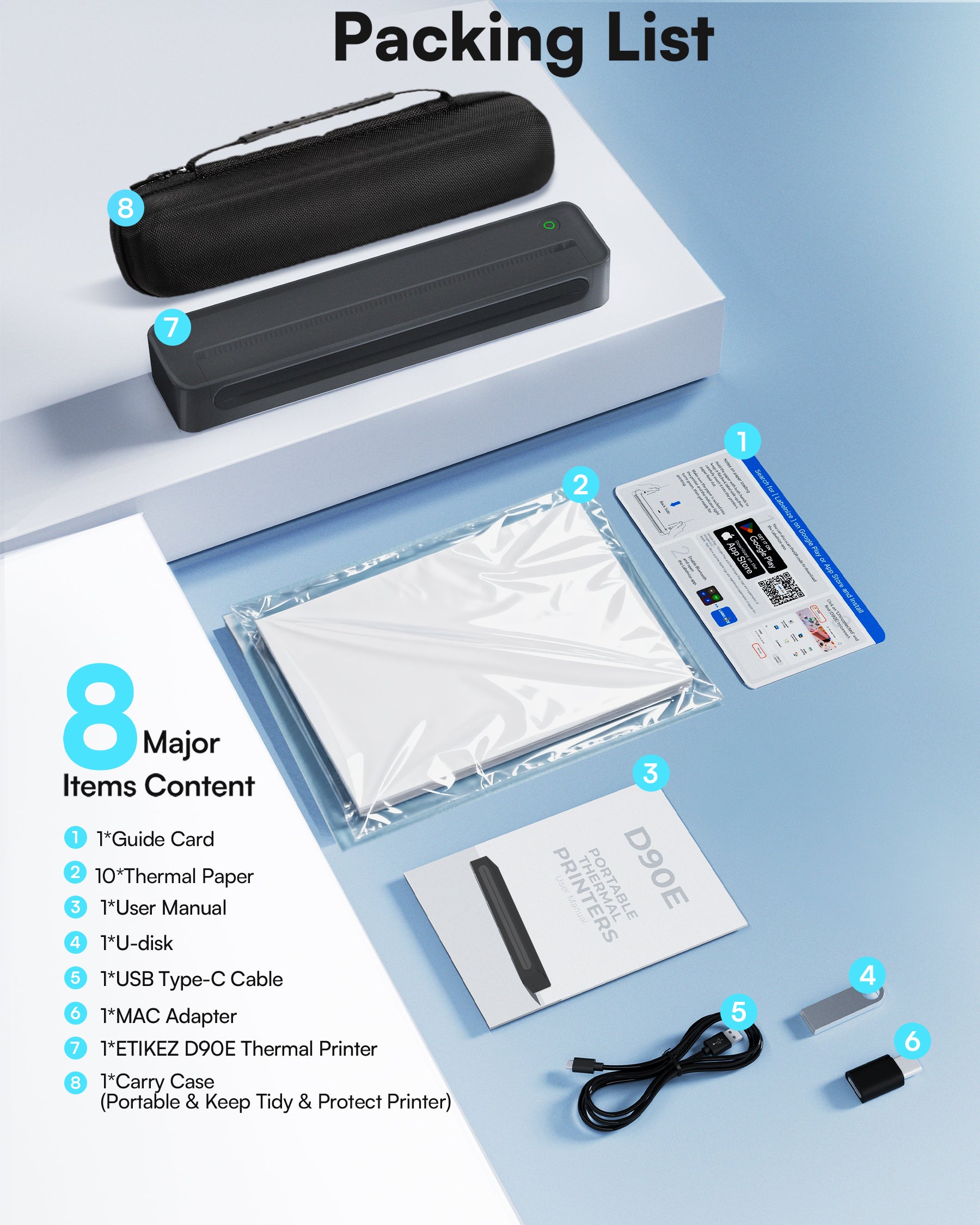 ETIKEZ D90E Inkless Portable Printer for Travel, Supports 8.5 x 11 Inch Thermal Paper Wireless Thermal Printer Bluetooth, with Travel Case & 10 Sheets for Students, Office, School, Black