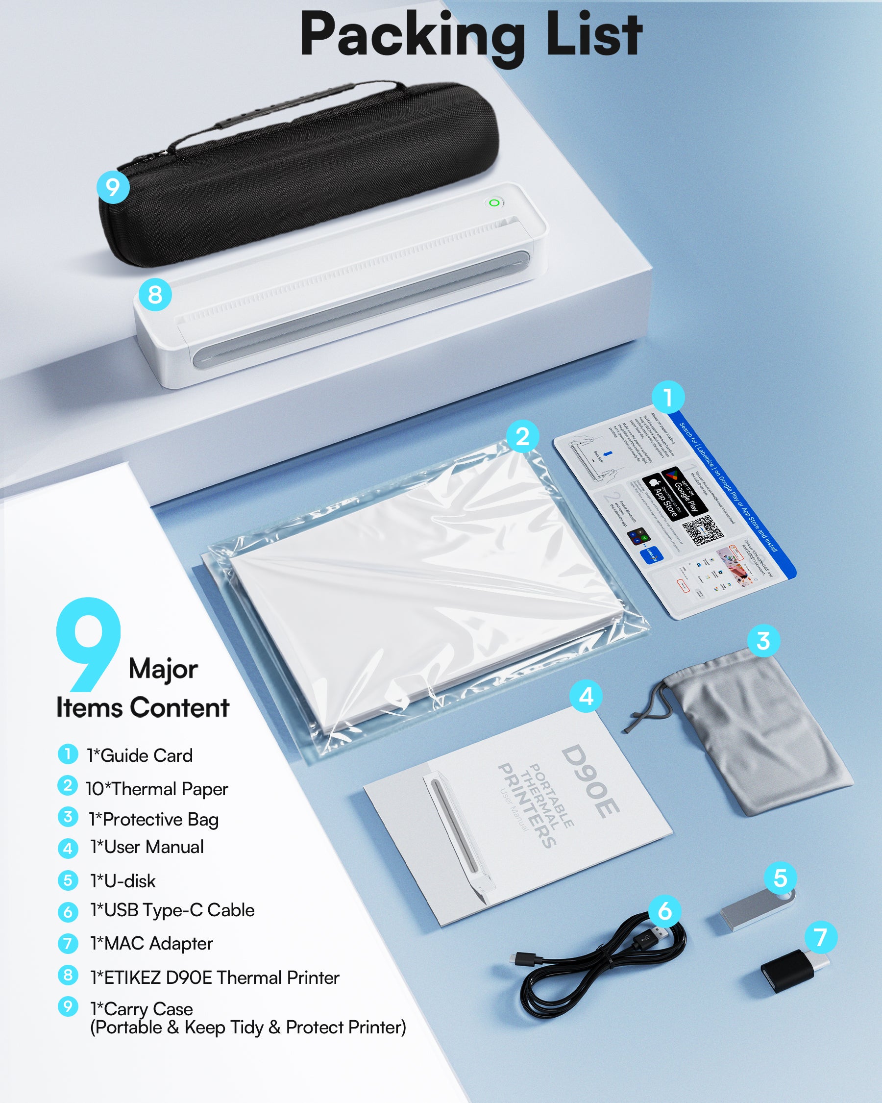 ETIKEZ D90E Inkless Portable Printer for Travel, Supports 8.5 x 11 Inch Thermal Paper Wireless Thermal Printer Bluetooth, with Travel Case & 10 Sheets for Students, Office, School, White