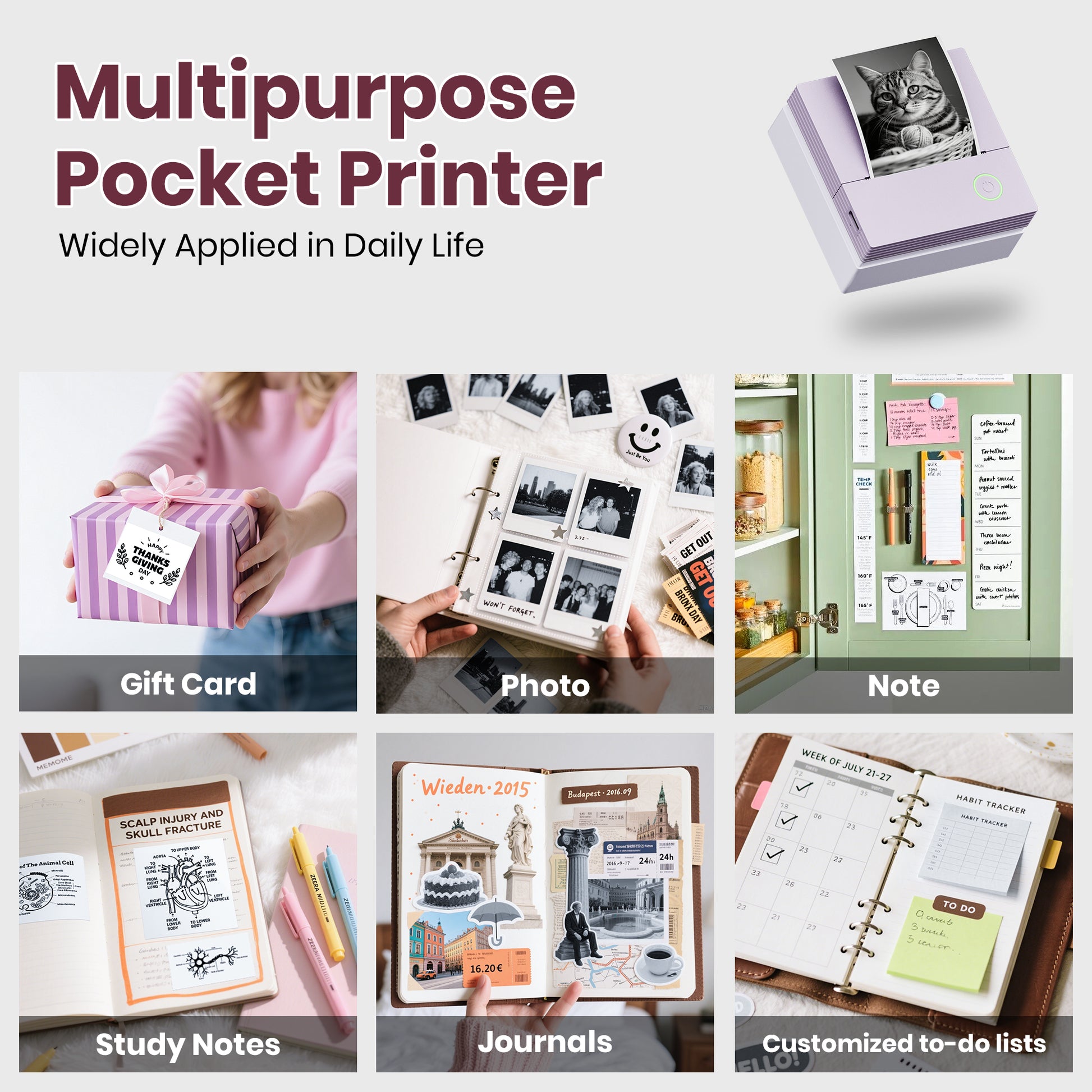 ETIKEZ PM290C Portable Mini Sticker Printer Print Pods Machine, Wireless Bluetooth Sticker Maker with 3 Rolls Paper,Purple