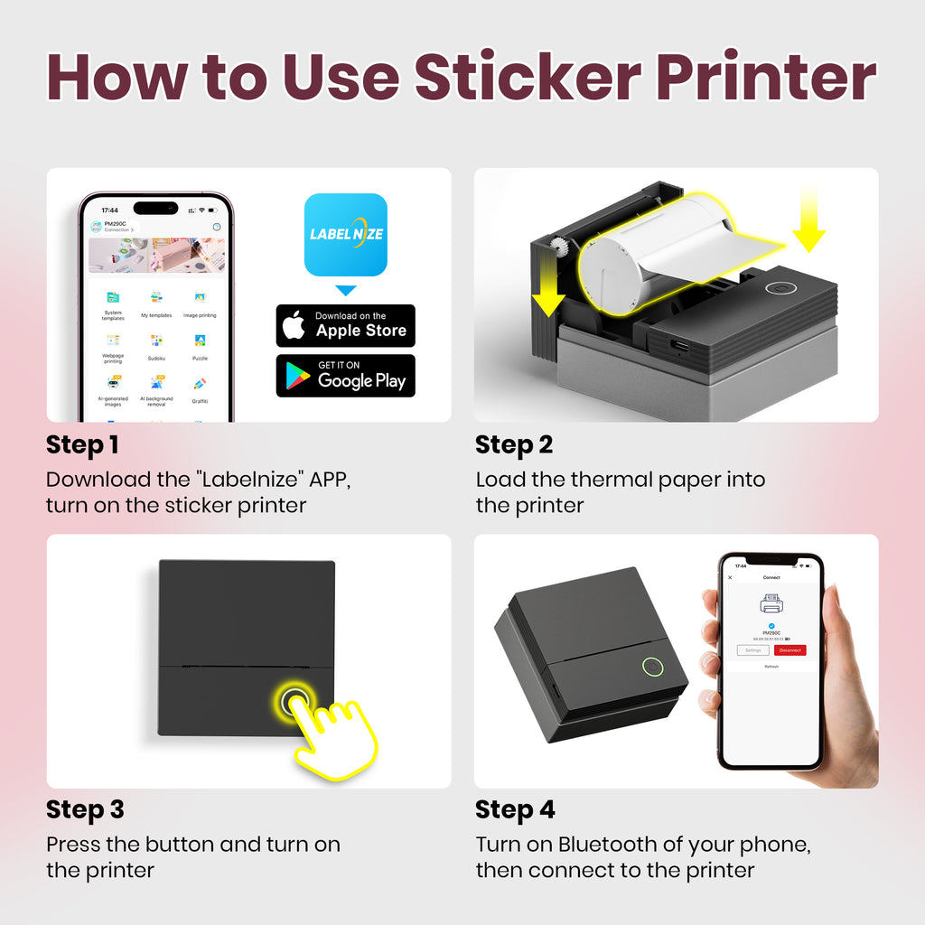 ETIKEZ PM290C Portable Mini Sticker Printer Print Pods Machine, Wireless Bluetooth Sticker Maker with 3 Rolls Paper,Black
