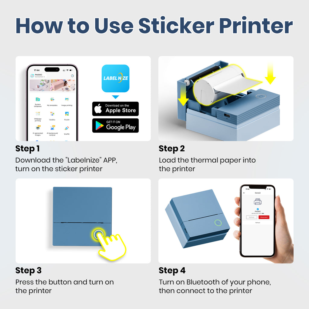 ETIKEZ PM290C Portable Mini Sticker Printer Print Pods Machine, Wireless Bluetooth Sticker Maker with 3 Rolls Paper,Blue