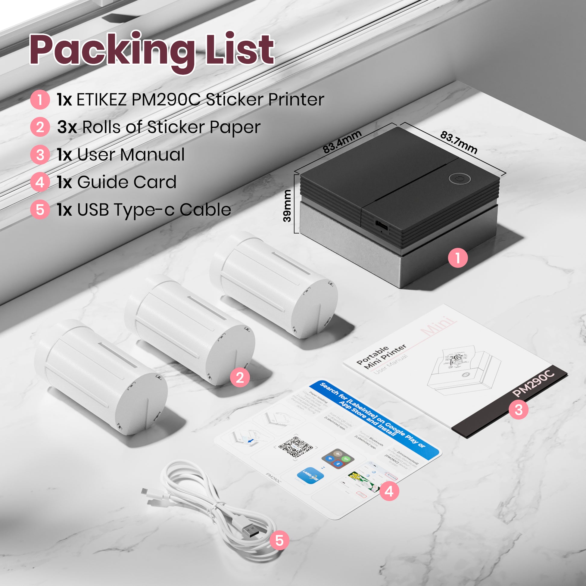 ETIKEZ PM290C Portable Mini Sticker Printer Print Pods Machine, Wireless Bluetooth Sticker Maker with 3 Rolls Paper,Black