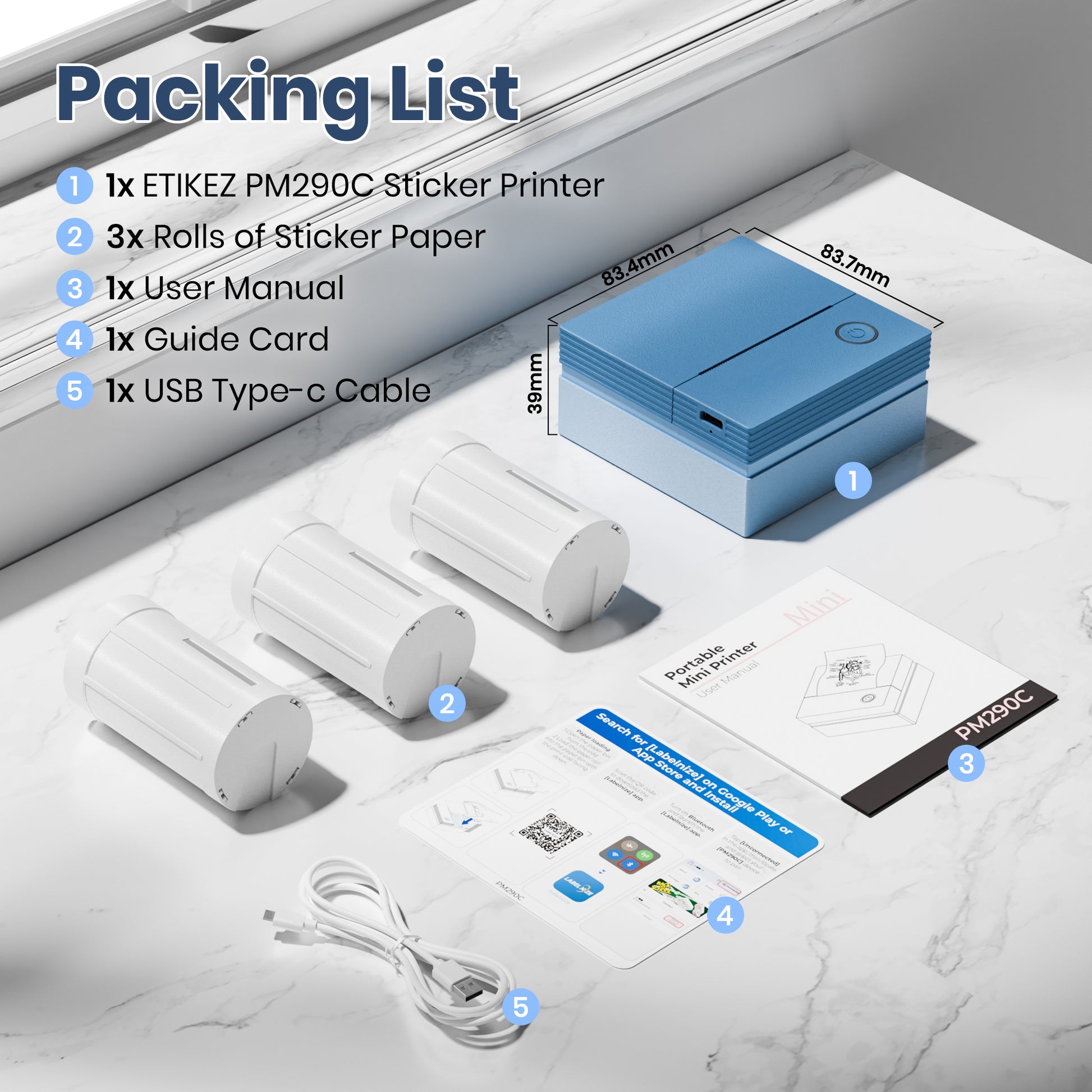 ETIKEZ PM290C Portable Mini Sticker Printer Print Pods Machine, Wireless Bluetooth Sticker Maker with 3 Rolls Paper,Blue