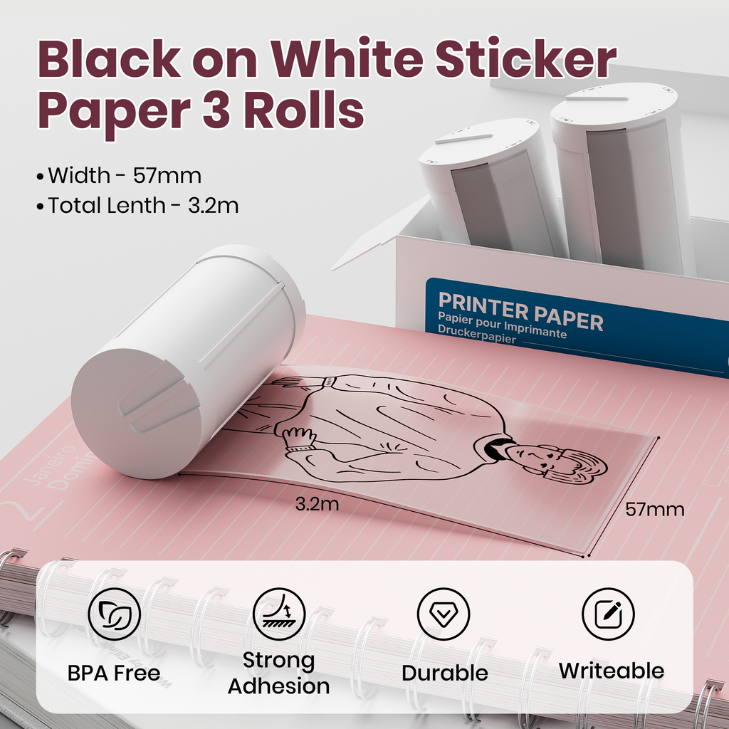 ETIKEZ Genuine Self-Adhesive Thermal Printer Stickers, Compatible with PM290C Mini Sticker Printer, Black on White, 54mmx3.5m Sticker Paper, 3 Rolls, Transparent